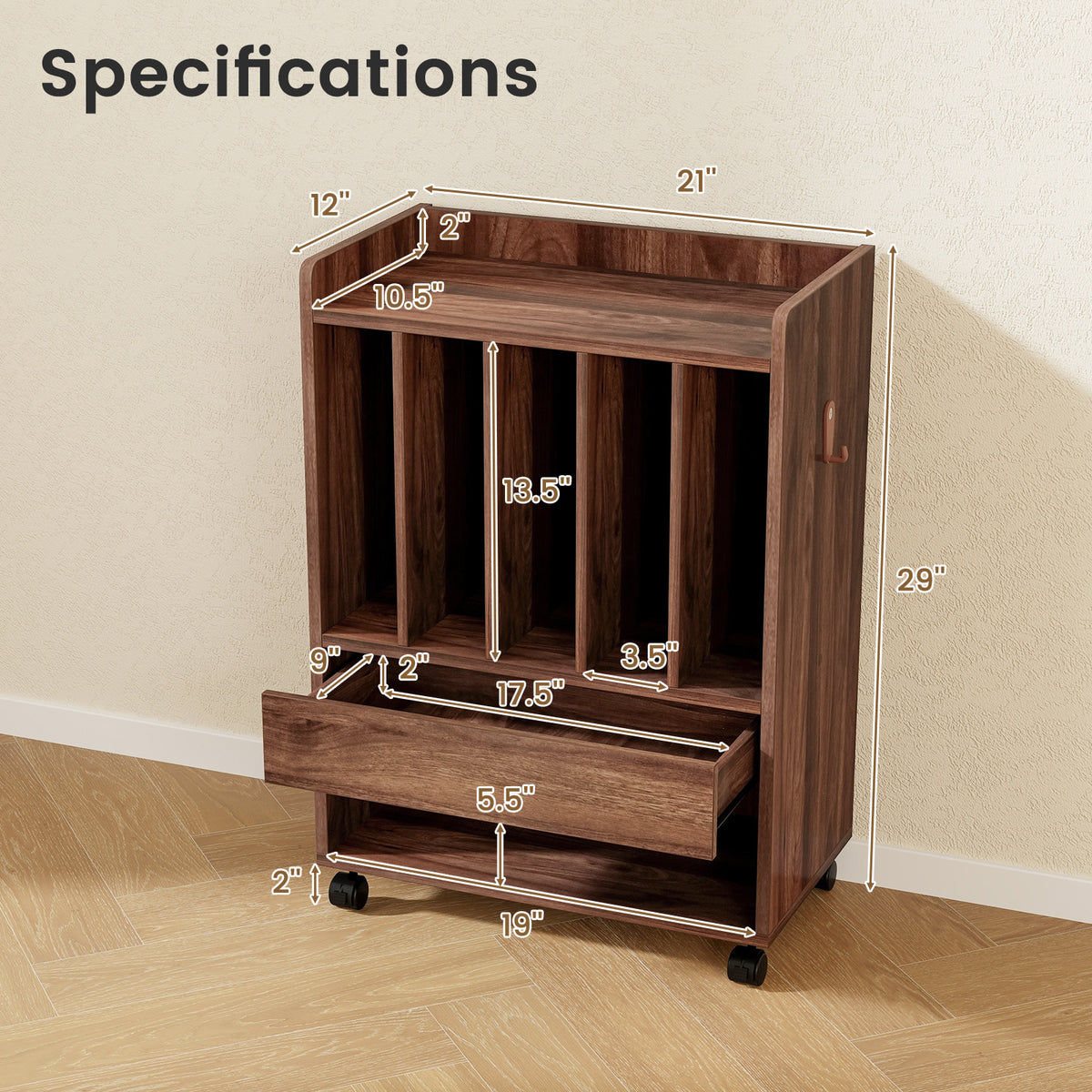 Record Rolling Turntable Player Stand with Drawer-Brown-End & Side Tables-DECOROLALA
