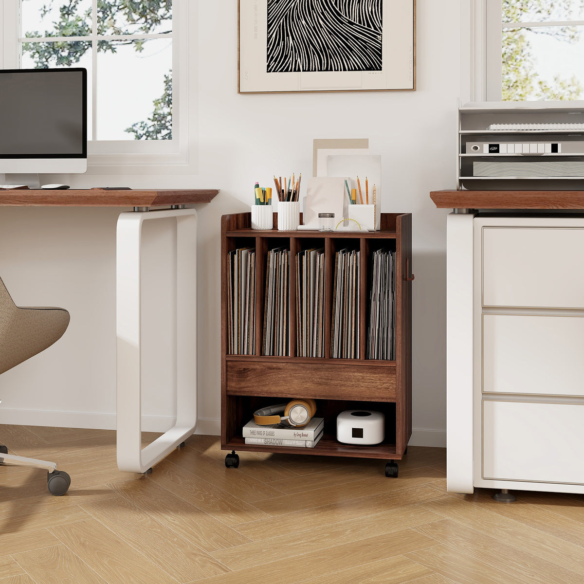 Record Rolling Turntable Player Stand with Drawer-Brown-End & Side Tables-DECOROLALA