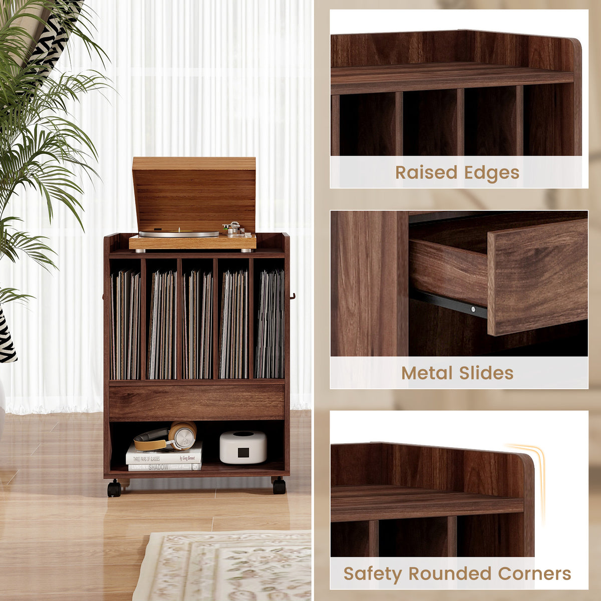 Record Rolling Turntable Player Stand with Drawer-Brown-End & Side Tables-DECOROLALA