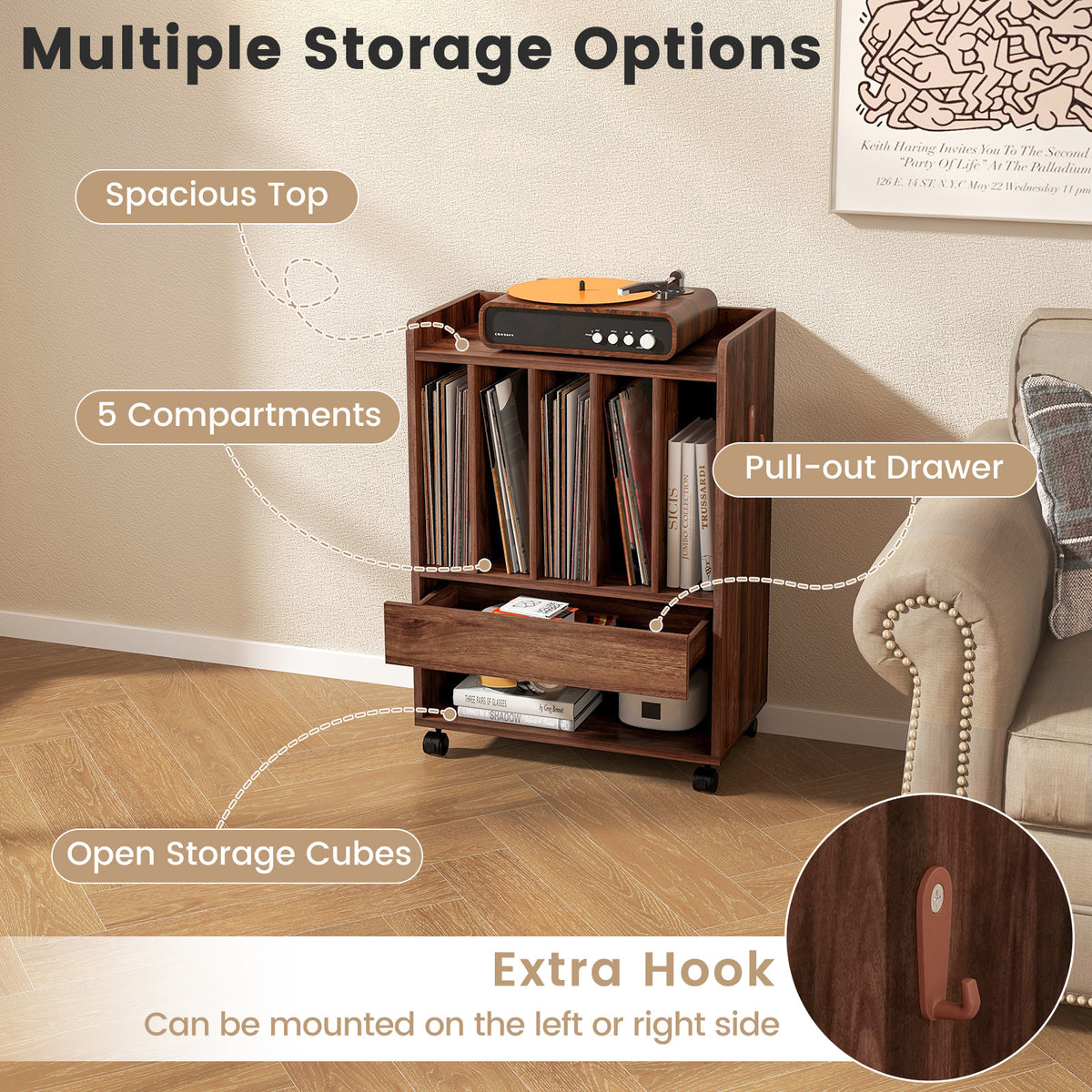 Record Rolling Turntable Player Stand with Drawer-Brown-End & Side Tables-DECOROLALA