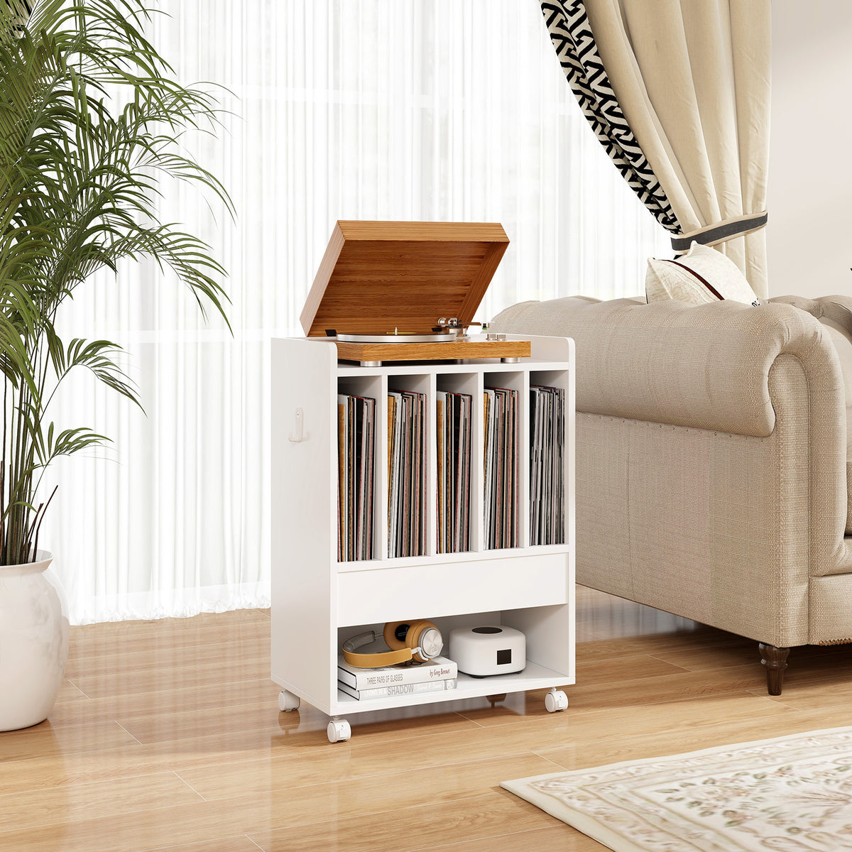 Record Rolling Turntable Player Stand with Drawer-White-End & Side Tables-DECOROLALA