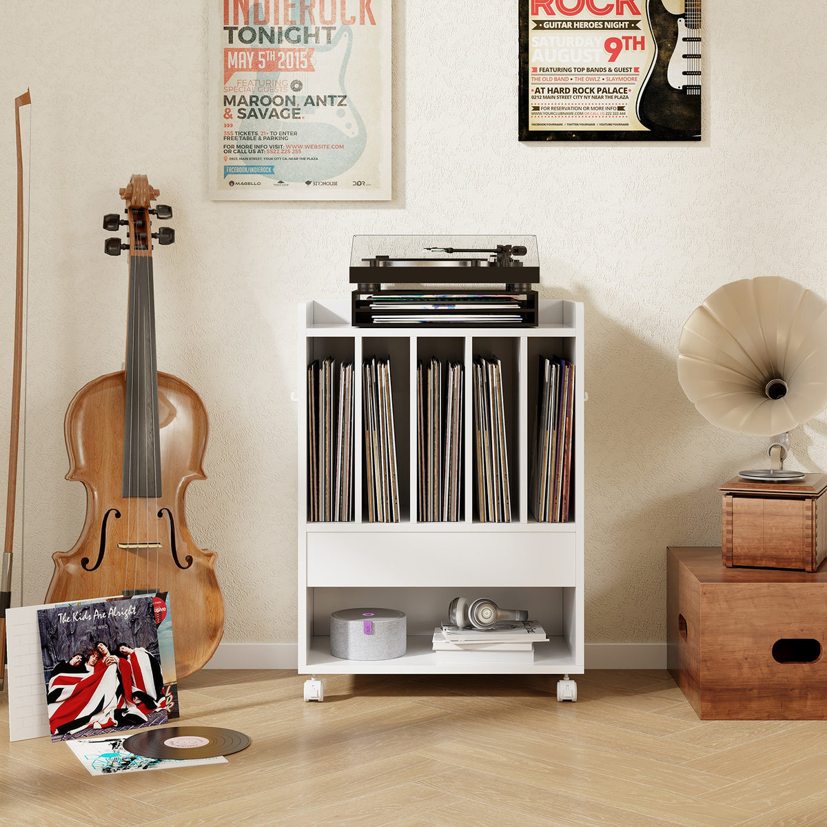 Record Rolling Turntable Player Stand with Drawer-White-End & Side Tables-DECOROLALA