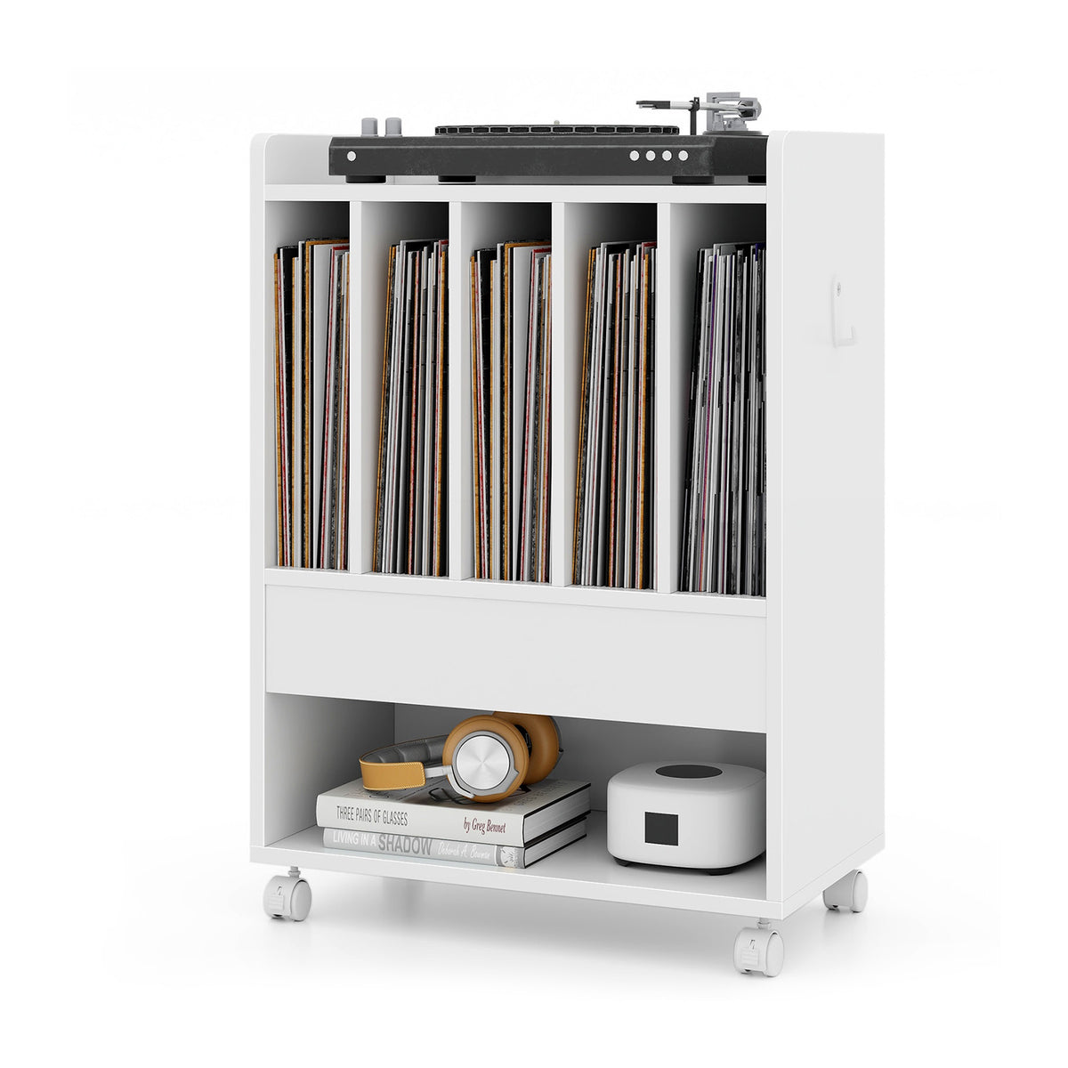 Record Rolling Turntable Player Stand with Drawer-White-End & Side Tables-DECOROLALA