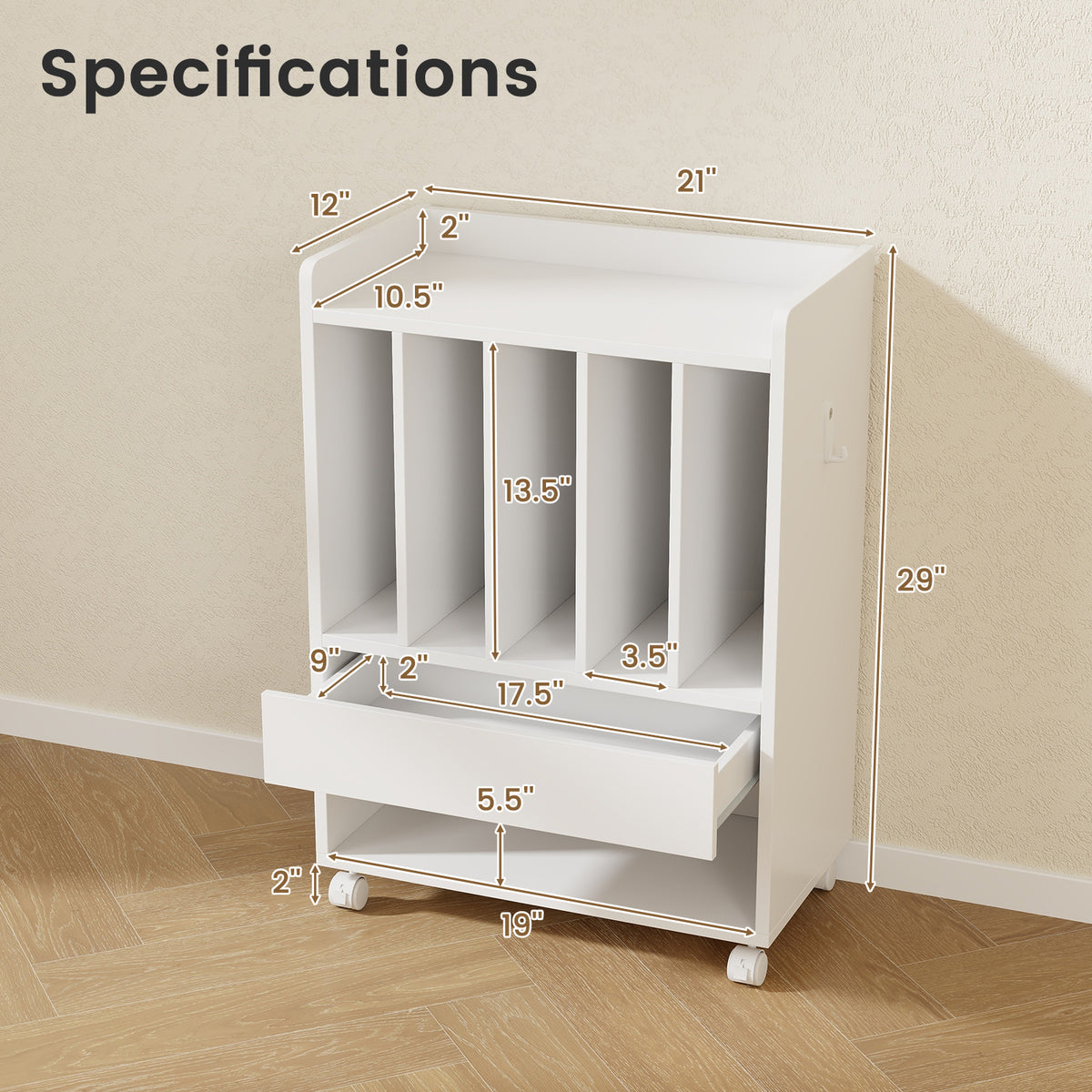 Record Rolling Turntable Player Stand with Drawer-White-End & Side Tables-DECOROLALA