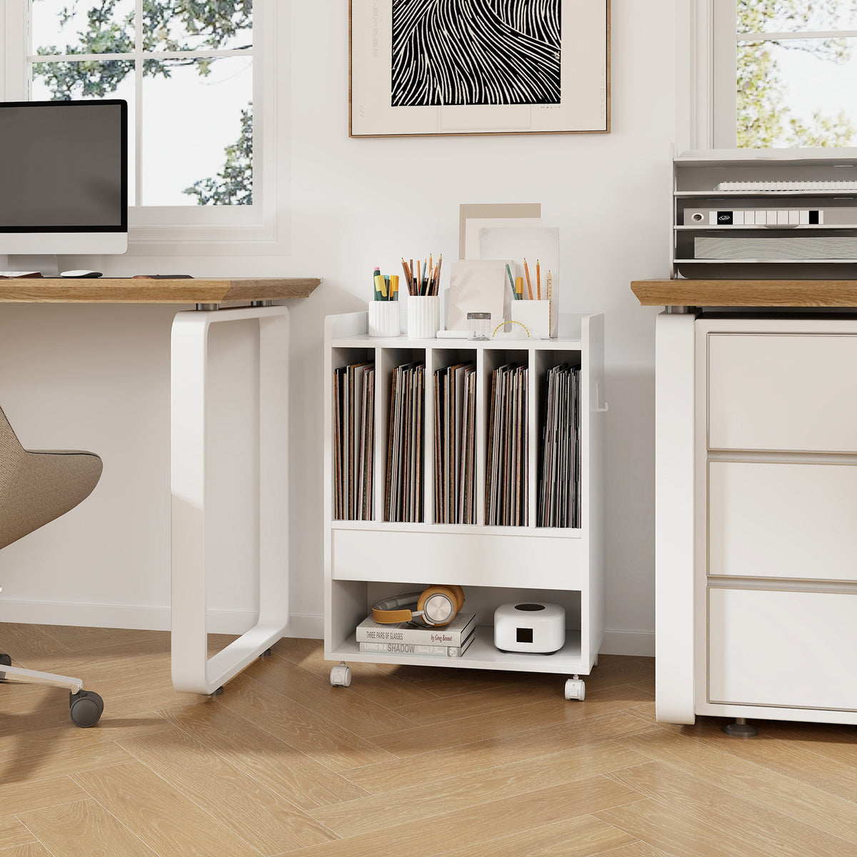 Record Rolling Turntable Player Stand with Drawer-White-End & Side Tables-DECOROLALA