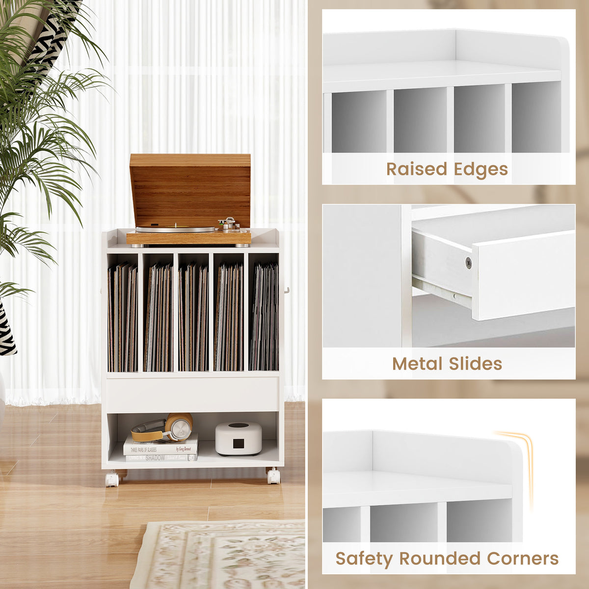 Record Rolling Turntable Player Stand with Drawer-White-End & Side Tables-DECOROLALA