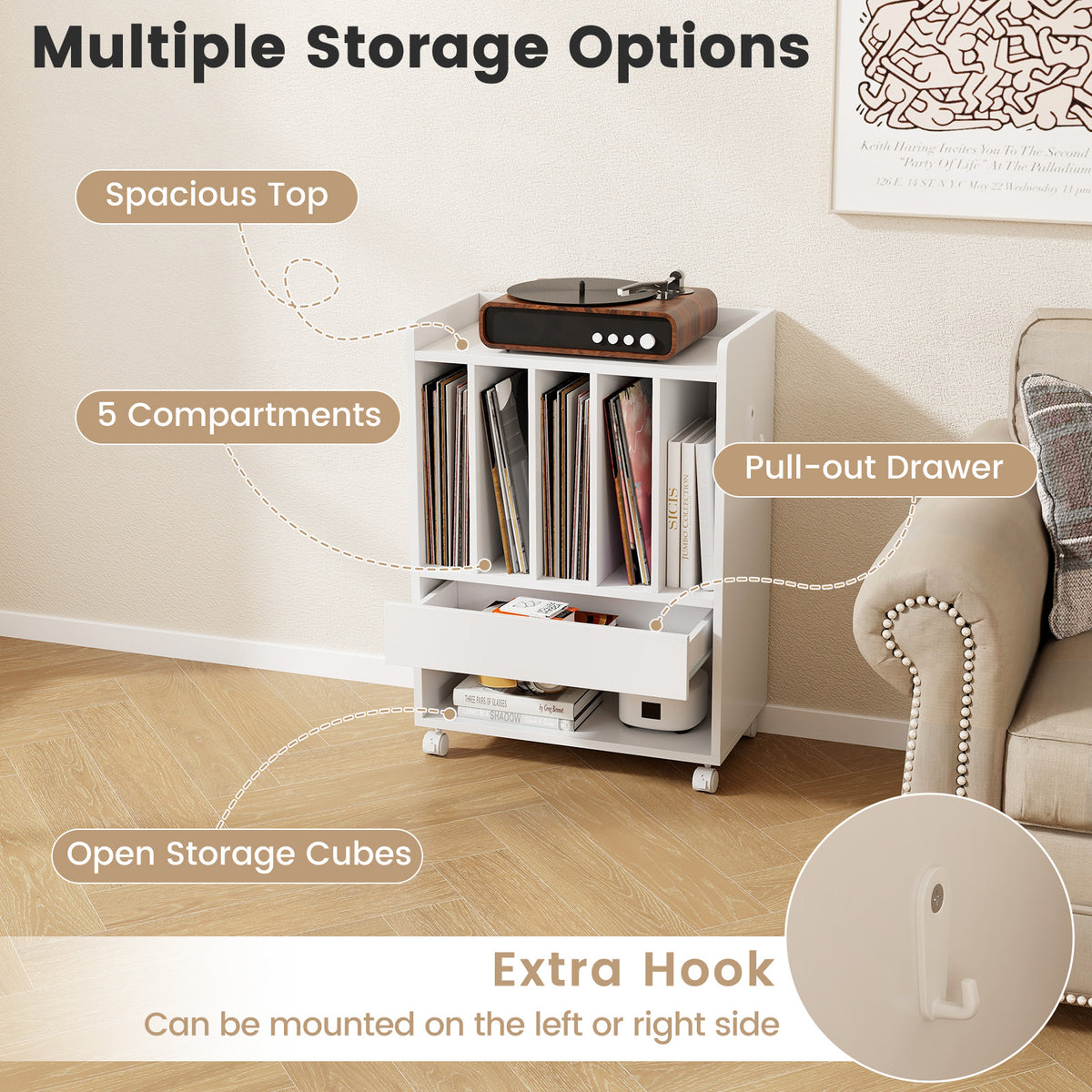 Record Rolling Turntable Player Stand with Drawer-White-End & Side Tables-DECOROLALA