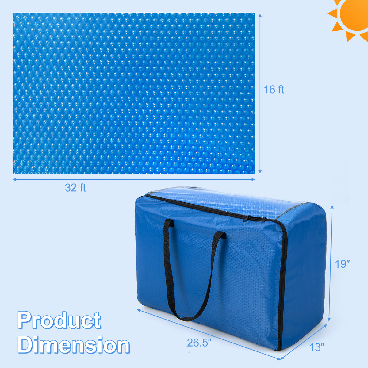 Rectangle Swimming Pool Cover 12-MIL Heat Retaining Pool Solar Blanket with Carrying Bag-32FT x 16FT-Swimming Pools-DECOROLALA