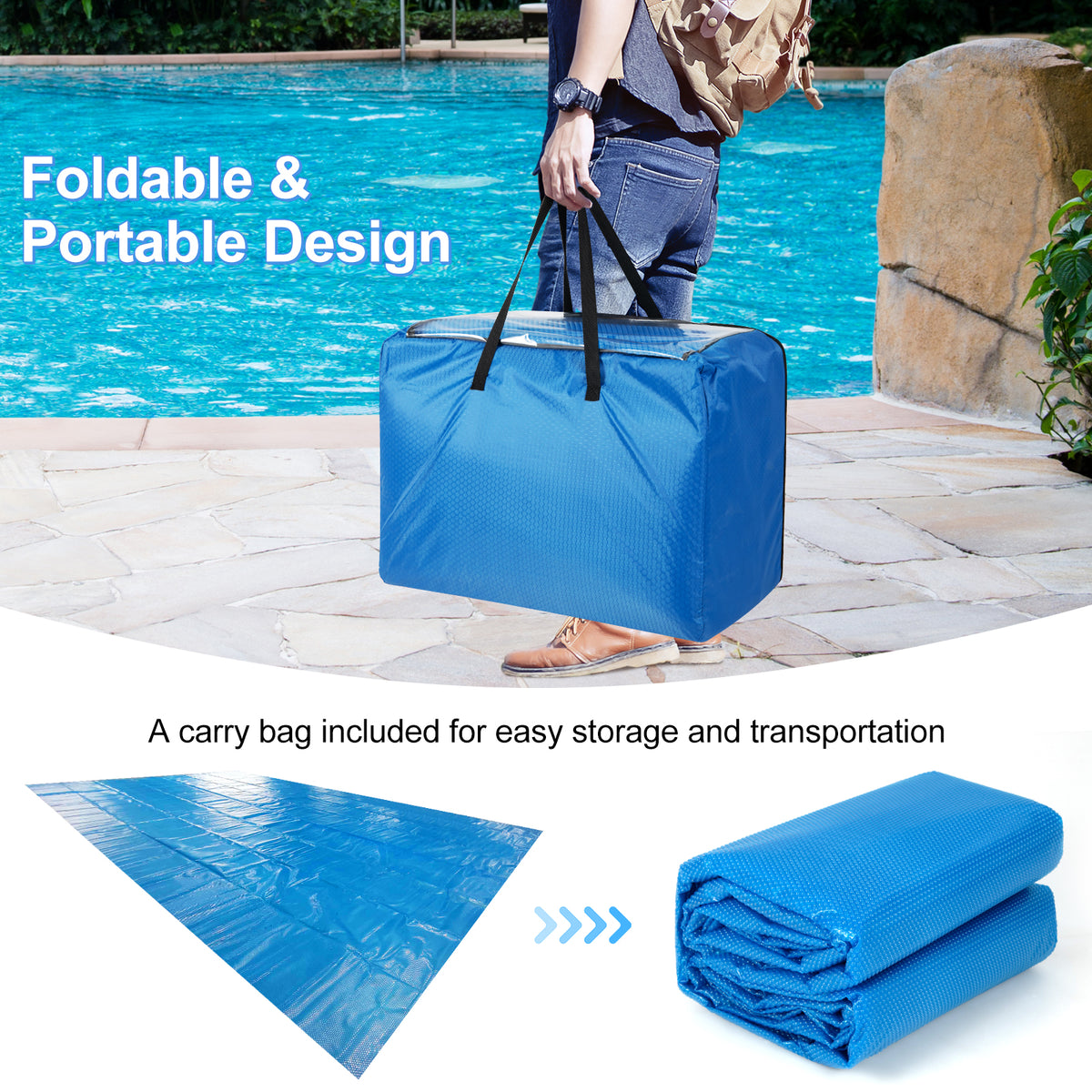 Rectangle Swimming Pool Cover 12-MIL Heat Retaining Pool Solar Blanket with Carrying Bag-32FT x 16FT-Swimming Pools-DECOROLALA