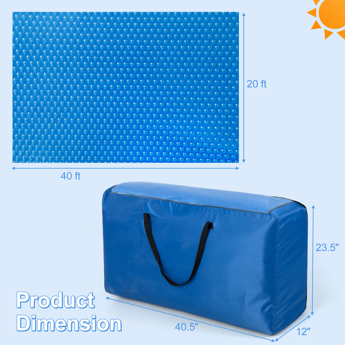 Rectangle Swimming Pool Cover 12-MIL Heat Retaining Pool Solar Blanket with Carrying Bag-40FT x 20FT-Swimming Pools-DECOROLALA