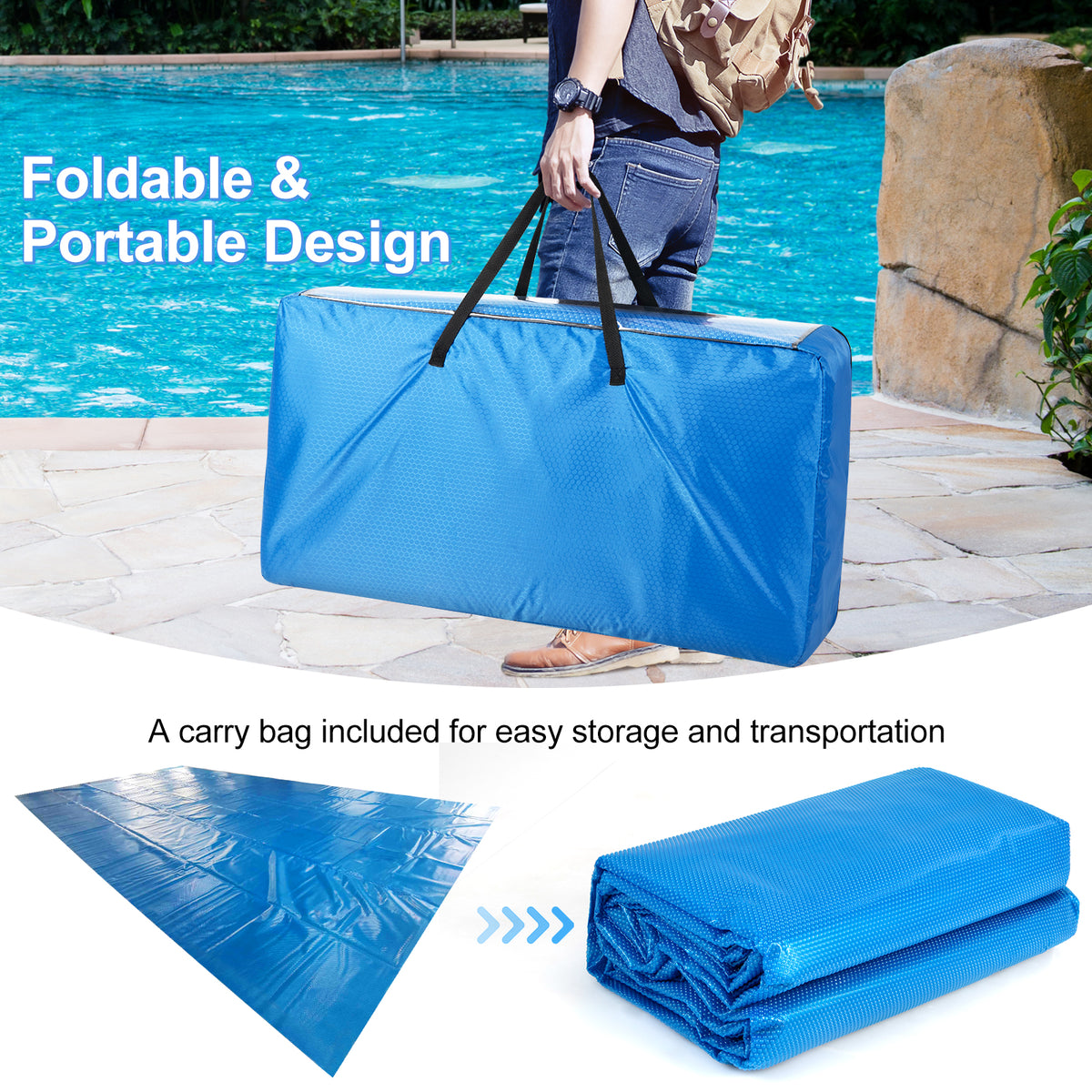 Rectangle Swimming Pool Cover 12-MIL Heat Retaining Pool Solar Blanket with Carrying Bag-40FT x 20FT-Swimming Pools-DECOROLALA