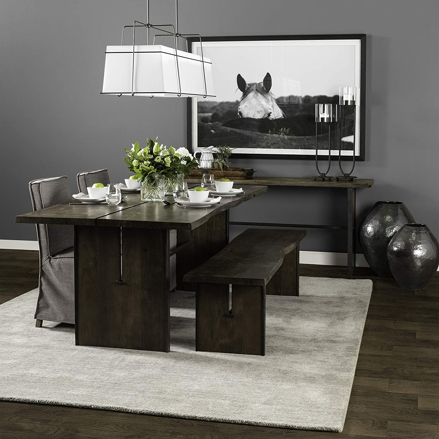 Rectangular Indian Mango Woodbrown Tone Finish W Metal Cladding On The Base Dining Bench-Benches-DECOROLALA