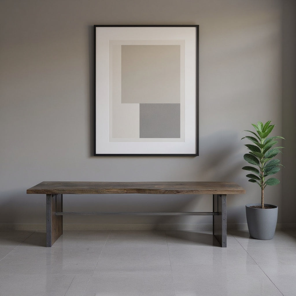 Rectangular Indian Mango Woodbrown Tone Finish W Metal Cladding On The Base Dining Bench-Benches-DECOROLALA