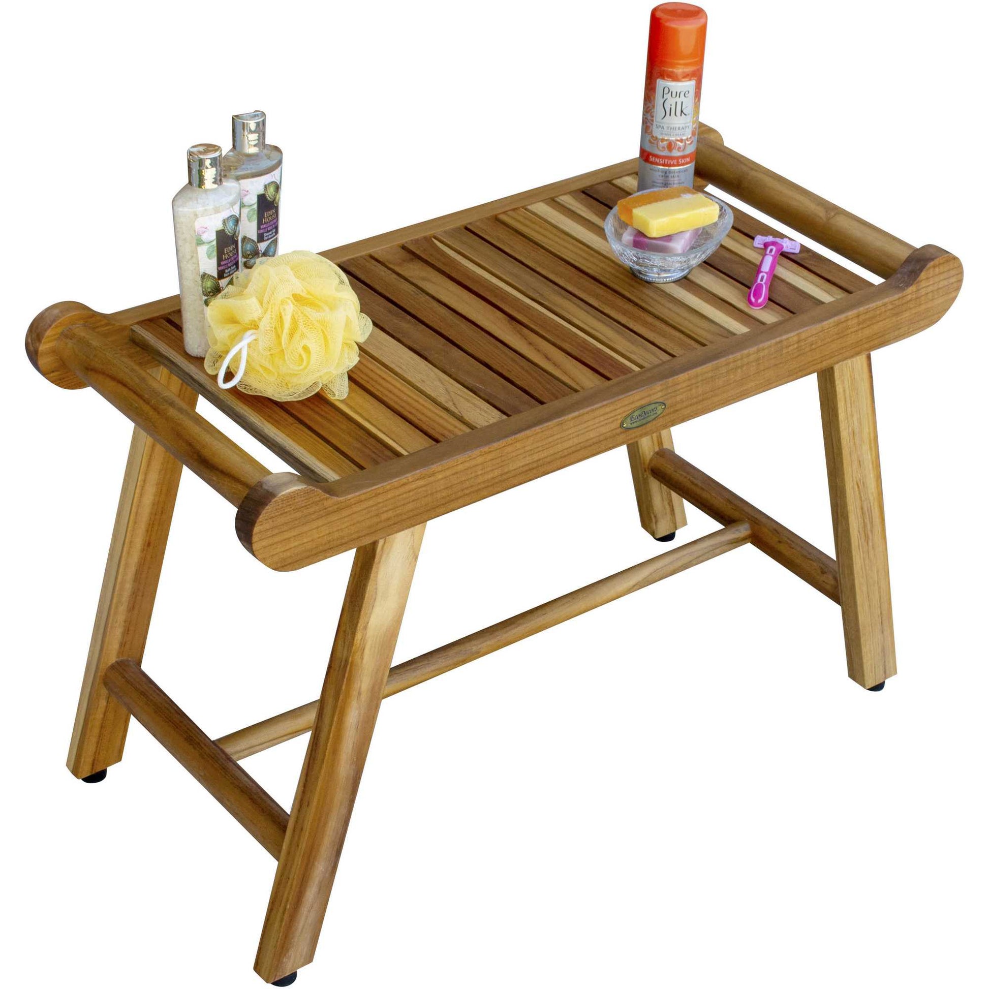 Rectangular Teak Shower Bench With Handles In Natural Finish-Shower Benches-DECOROLALA