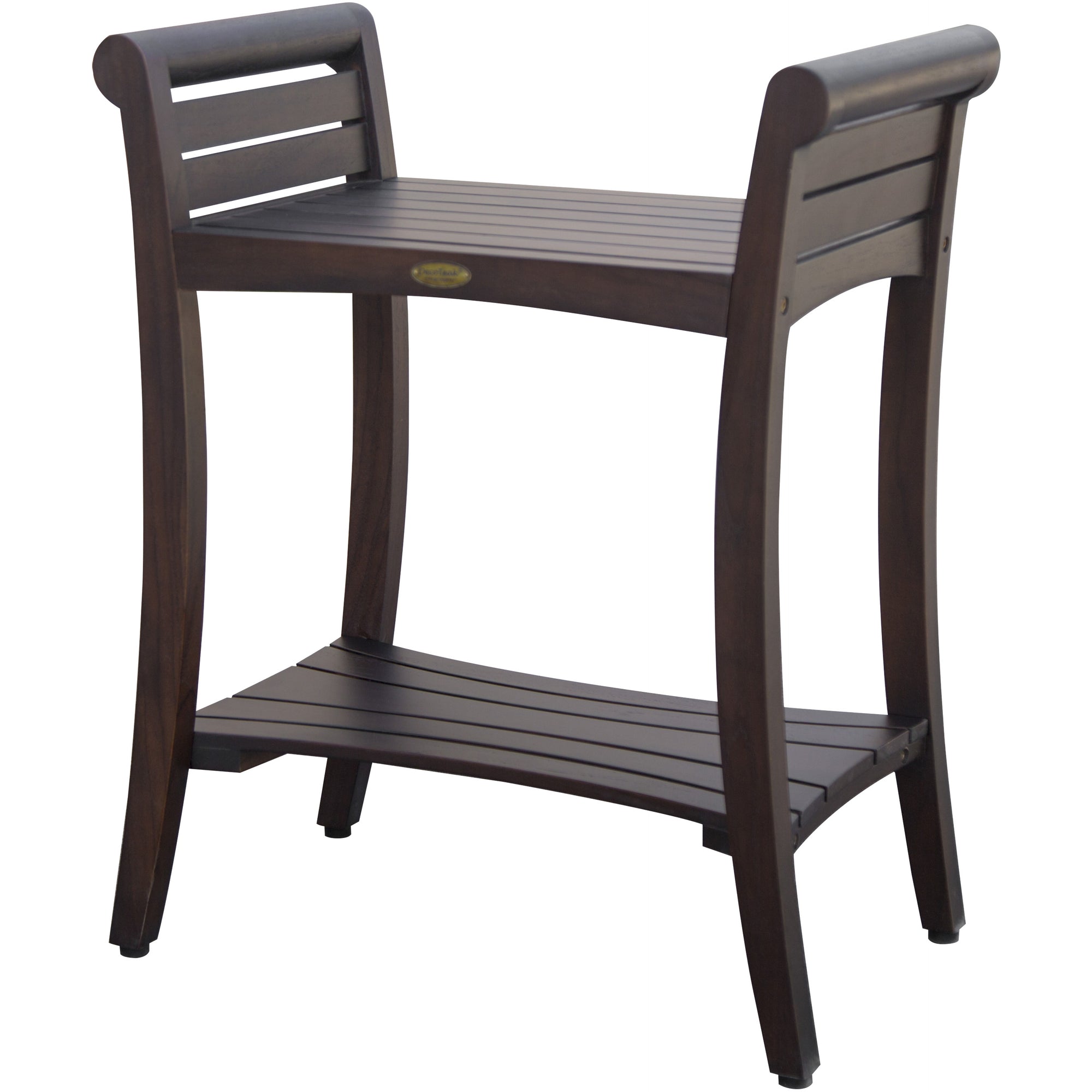 Rectangular Teak Shower Bench With Shelf And Handles In Brown Finish-Shower Benches-DECOROLALA