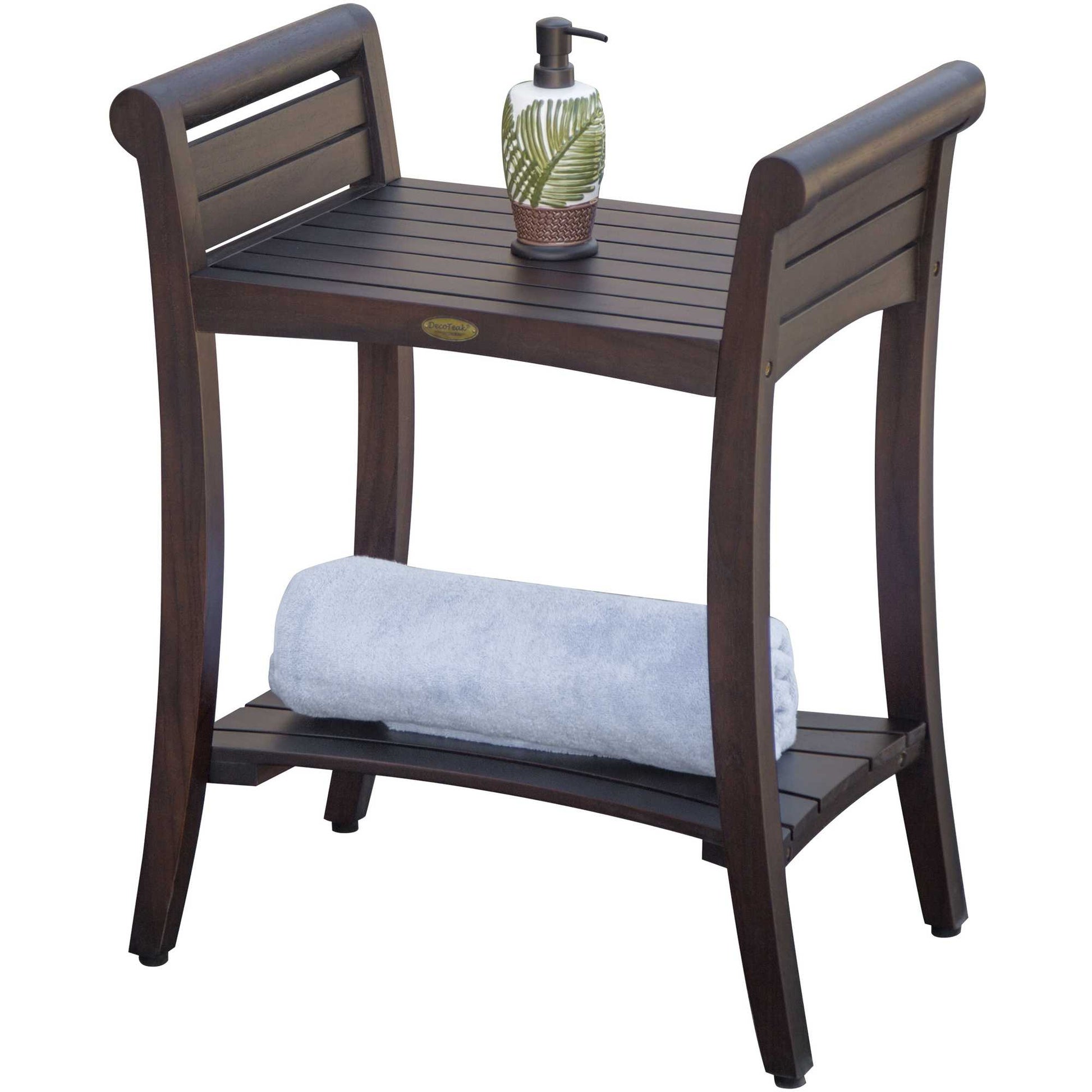 Rectangular Teak Shower Bench With Shelf And Handles In Brown Finish-Shower Benches-DECOROLALA