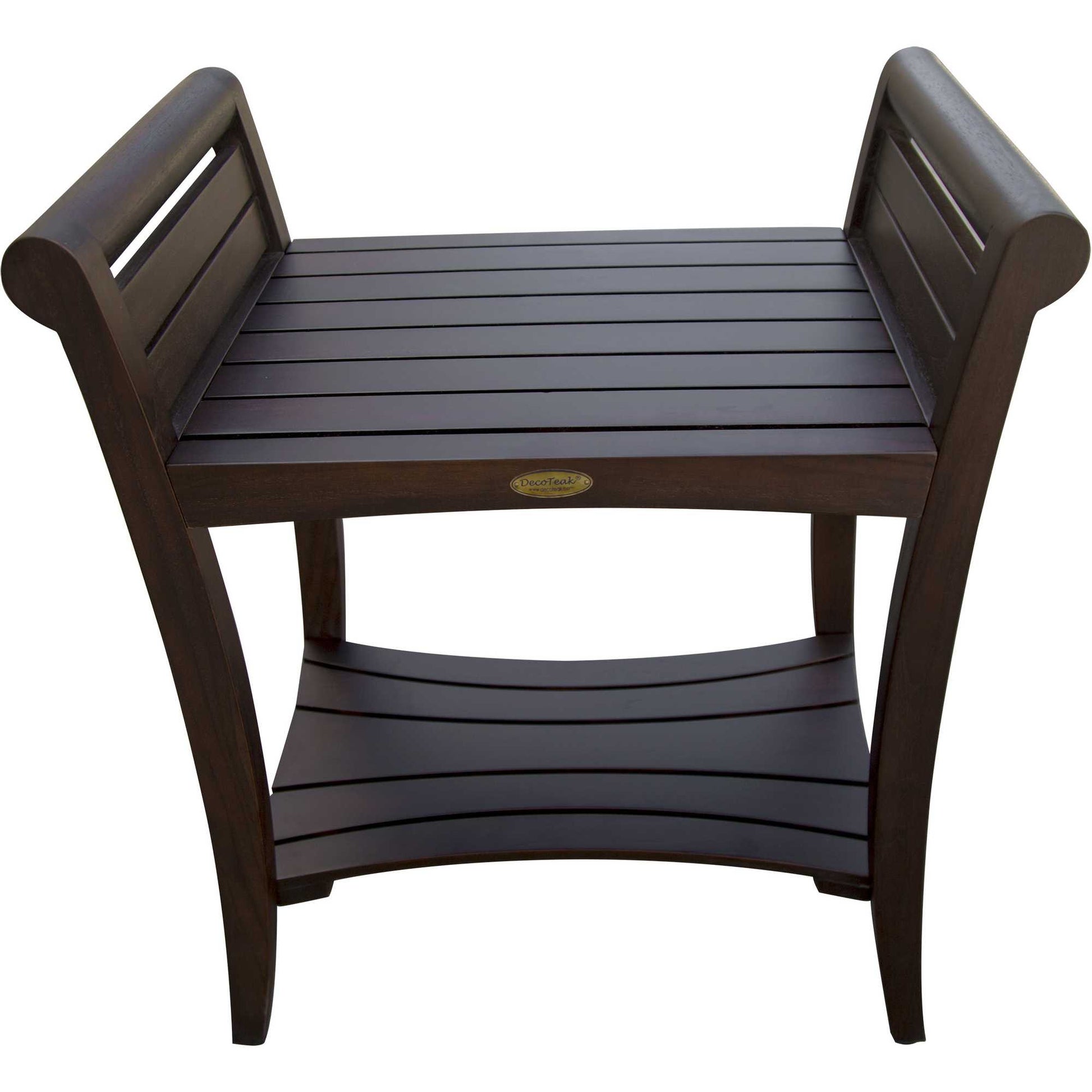 Rectangular Teak Shower Bench With Shelf And Handles In Brown Finish-Shower Benches-DECOROLALA