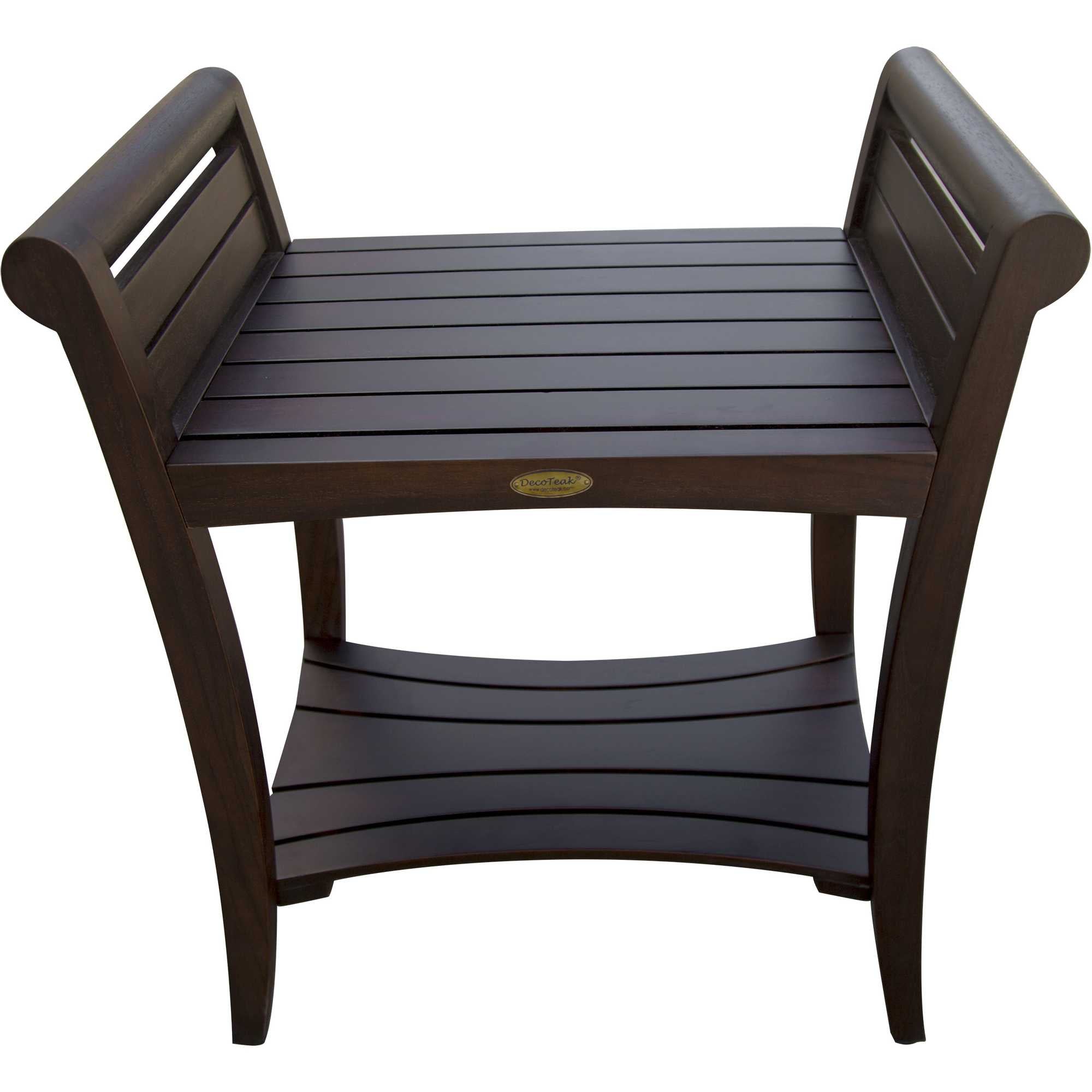 Rectangular Teak Shower Bench With Shelf And Handles In Brown Finish-Shower Benches-DECOROLALA