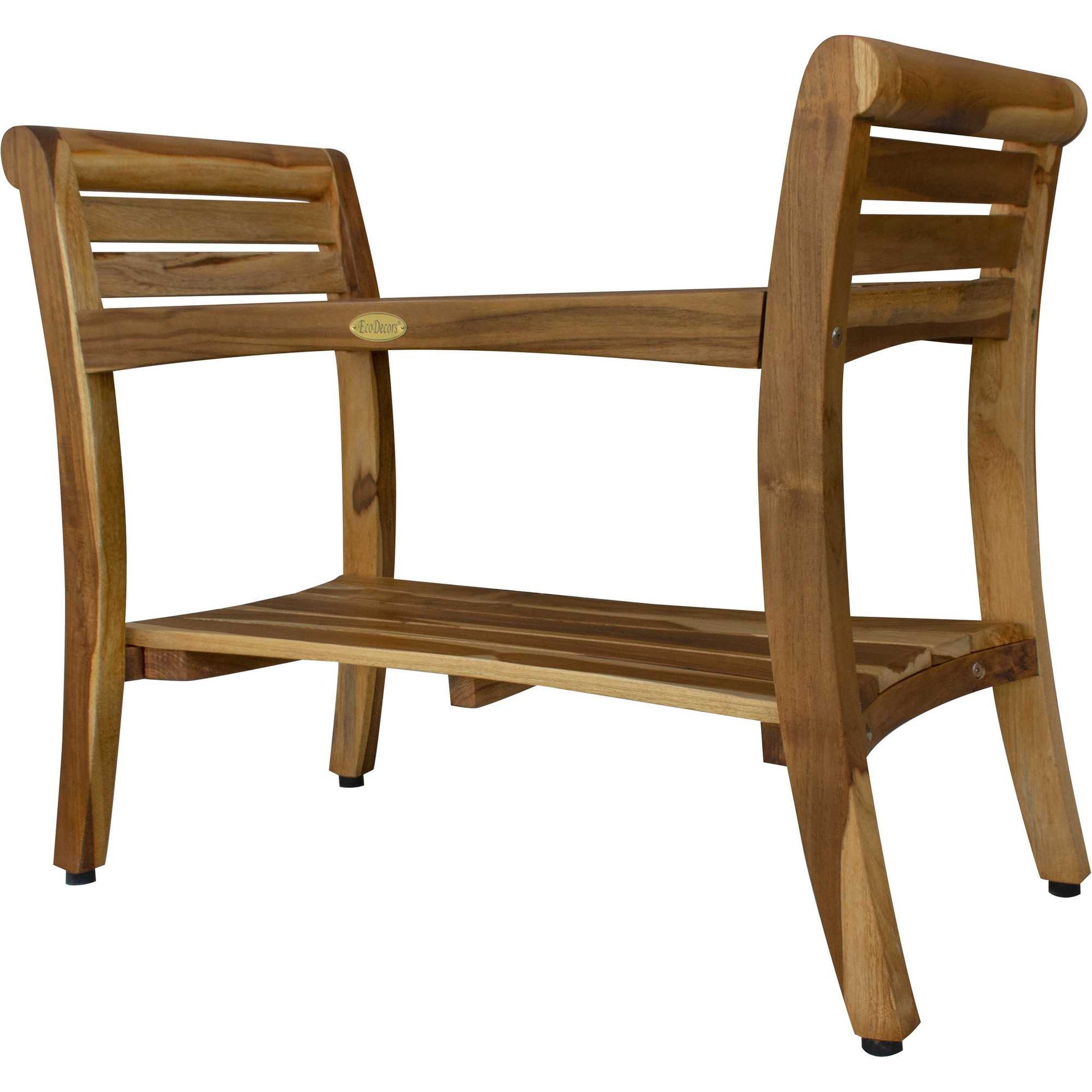 Rectangular Teak Shower Bench With Shelf And Handles In Naturalfinish-Shower Benches-DECOROLALA