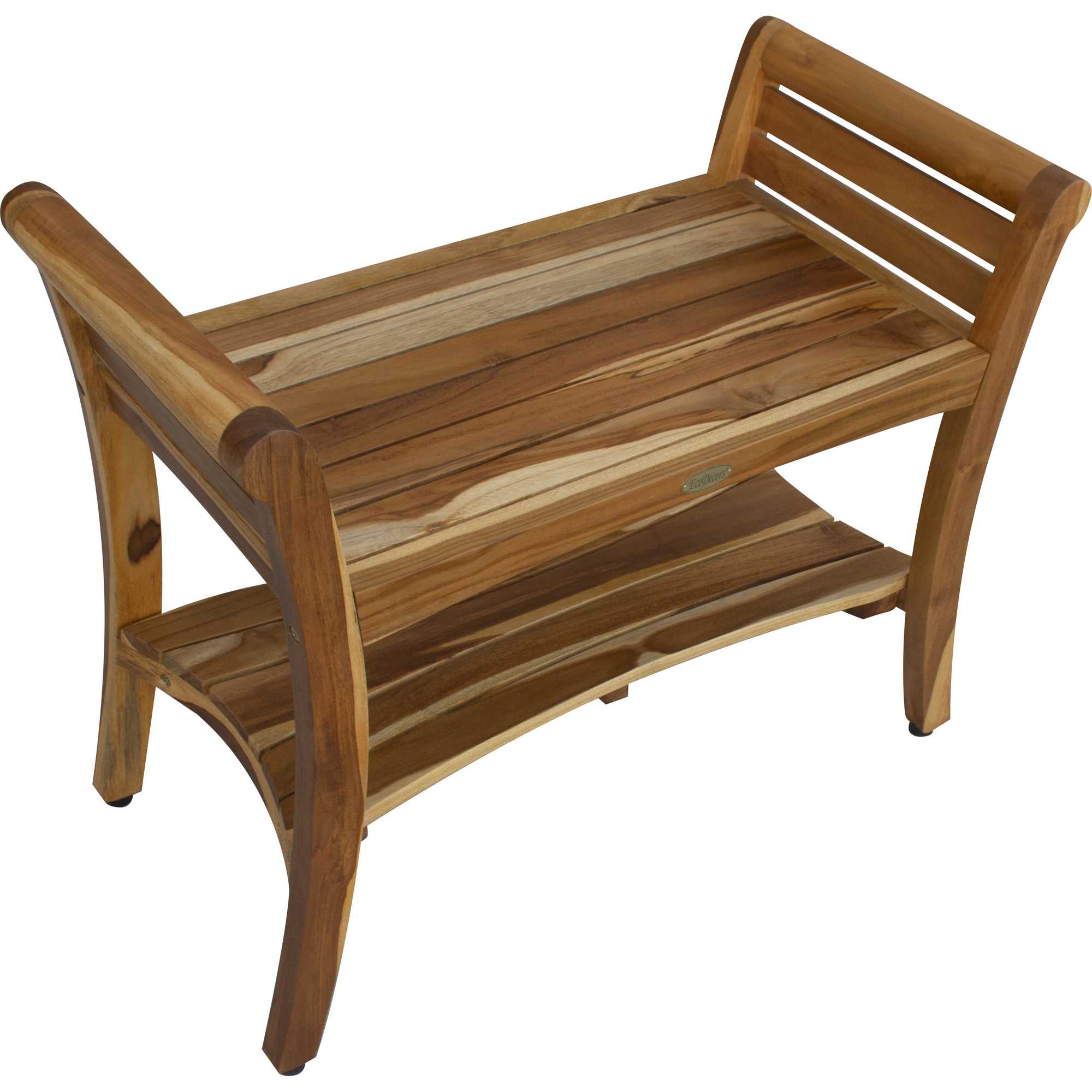 Rectangular Teak Shower Bench With Shelf And Handles In Naturalfinish-Shower Benches-DECOROLALA