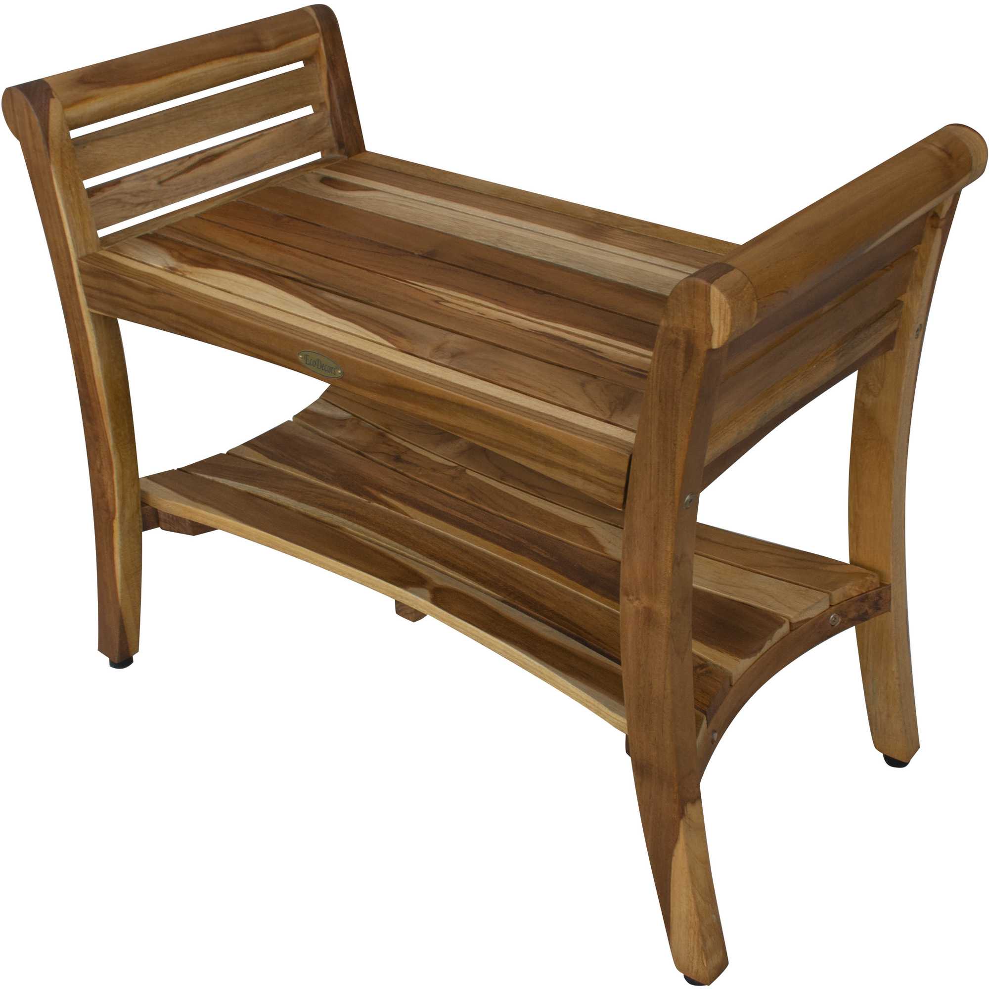 Rectangular Teak Shower Bench With Shelf And Handles In Naturalfinish-Shower Benches-DECOROLALA