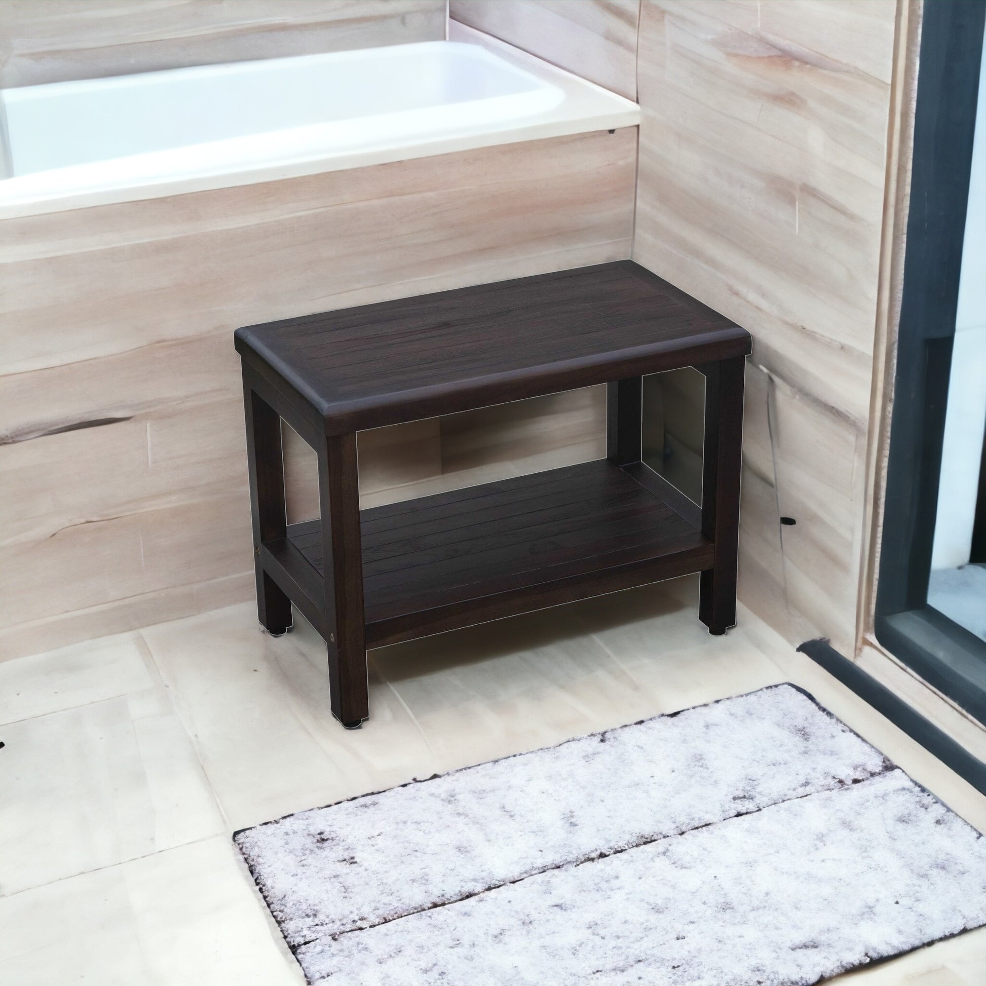 Rectangular Teak Shower Bench With Shelf In Brown Finish-Shower Benches-DECOROLALA