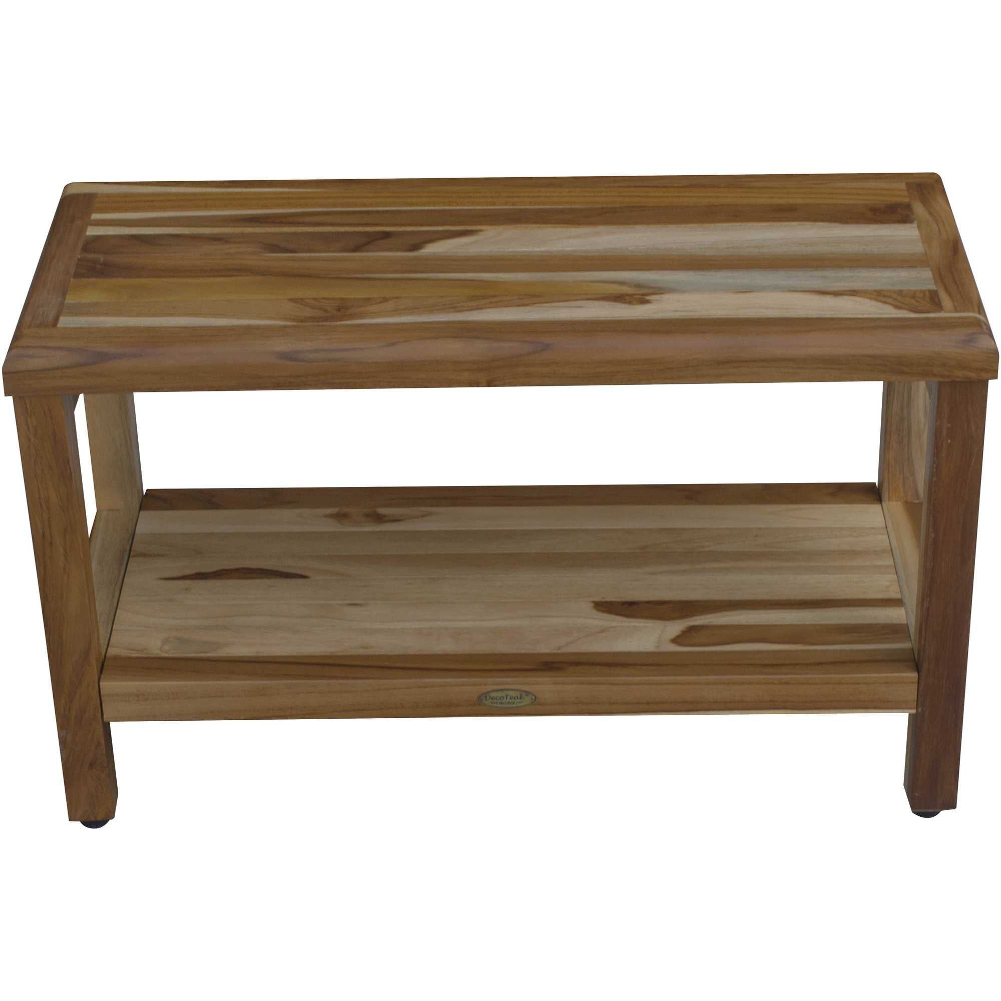 Rectangular Teak Shower Bench With Shelf In Natural Finish-Shower Benches-DECOROLALA