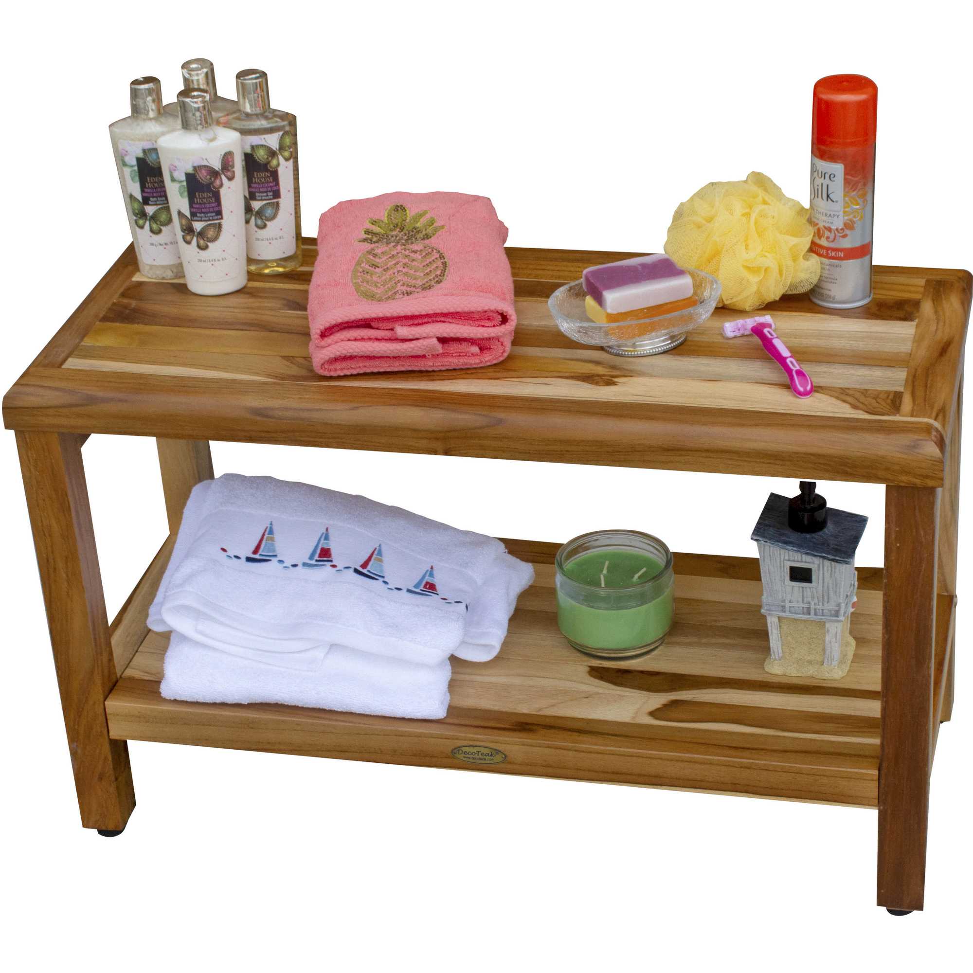 Rectangular Teak Shower Bench With Shelf In Natural Finish-Shower Benches-DECOROLALA