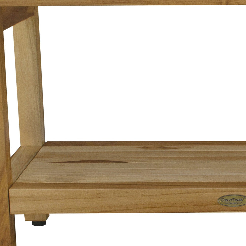 Rectangular Teak Shower Bench With Shelf In Natural Finish-Shower Benches-DECOROLALA