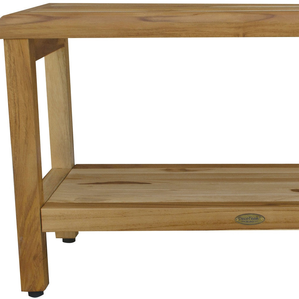Rectangular Teak Shower Bench With Shelf In Natural Finish-Shower Benches-DECOROLALA