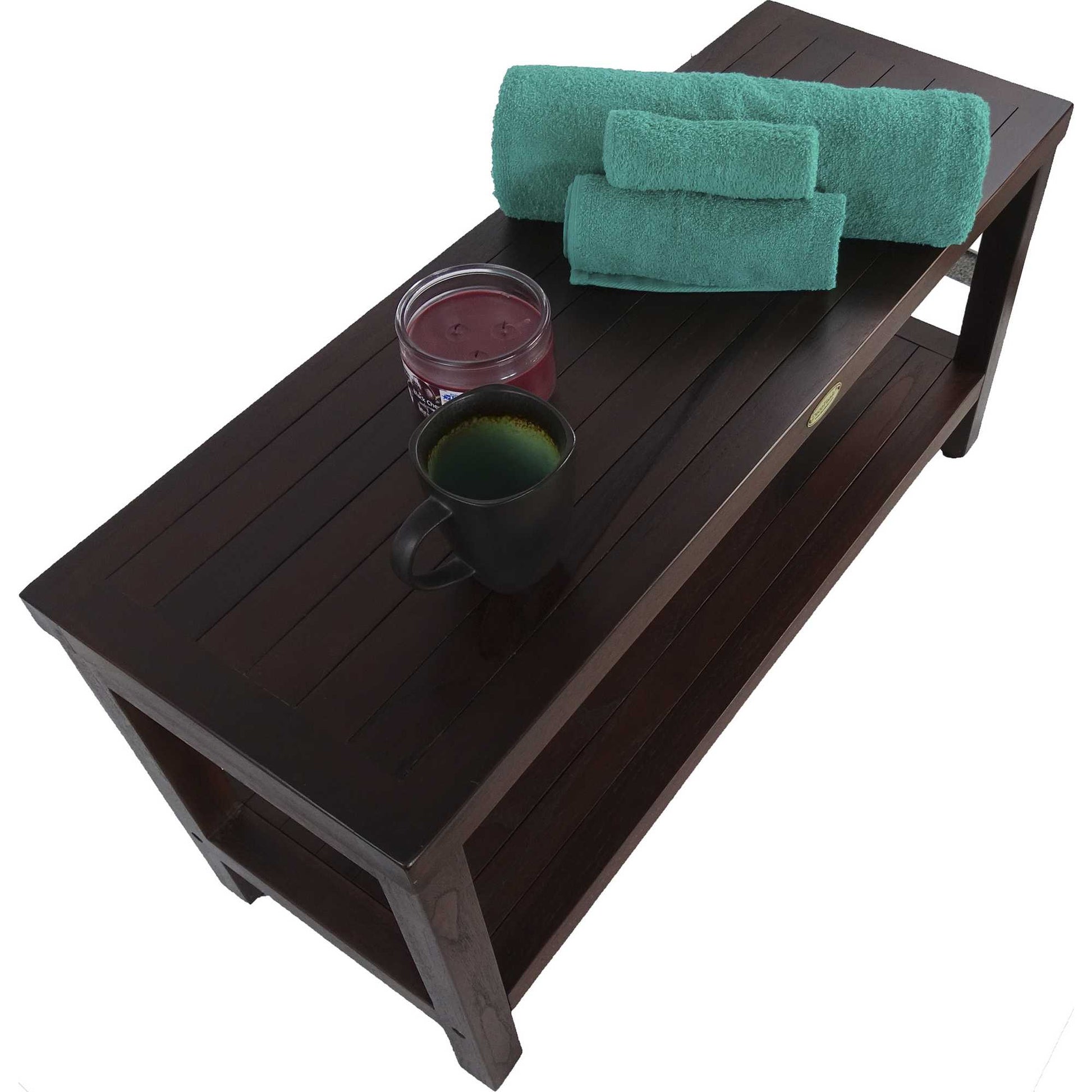 Rectangular Teak Shower Outdoor Bench With Shelf In Brown Finish-Shower Benches-DECOROLALA