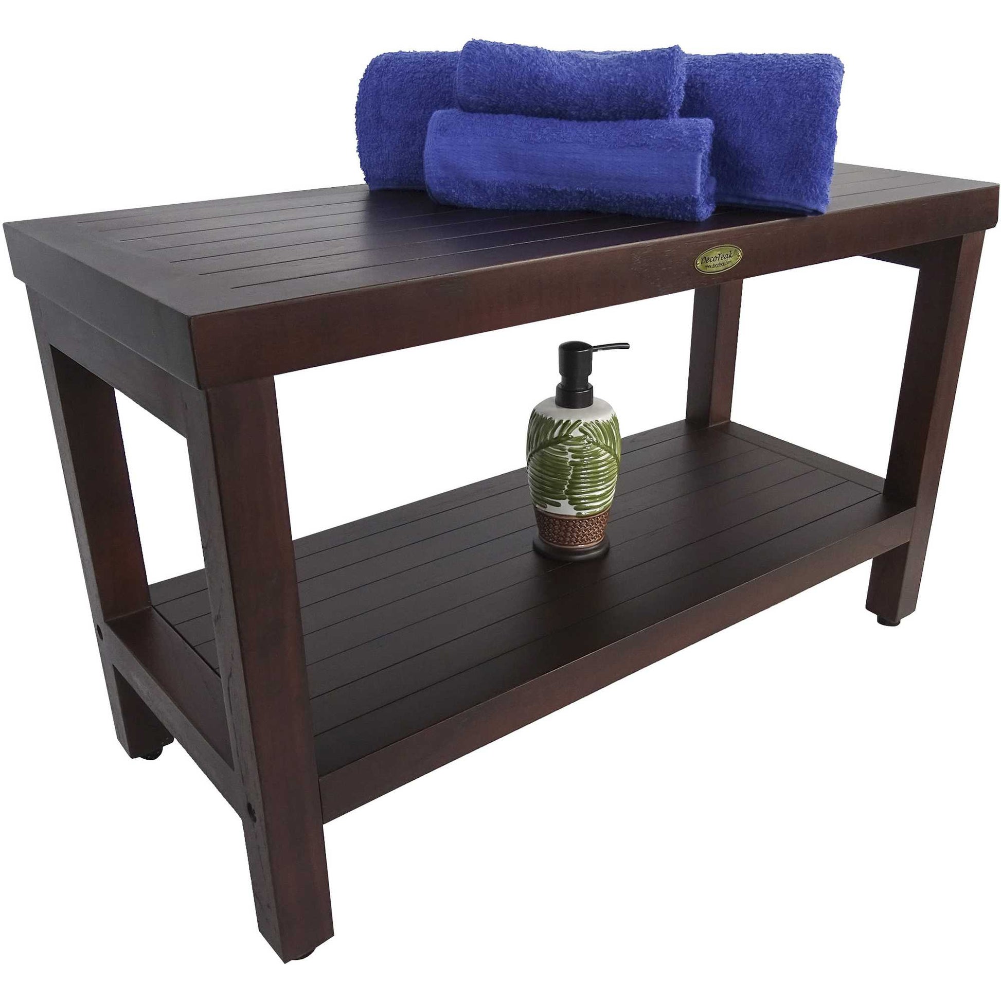 Rectangular Teak Shower Stool Or Bench With Shelf In Brown Finish-Shower Benches-DECOROLALA