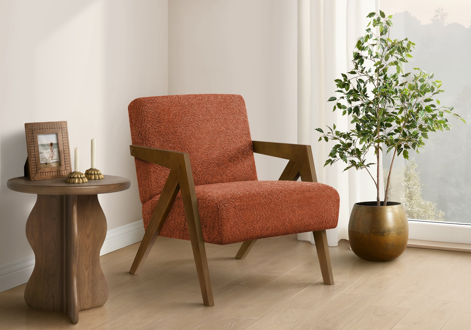 Red Upholstered Accent Chair 30"H Walnut Wood-DECOROLALA