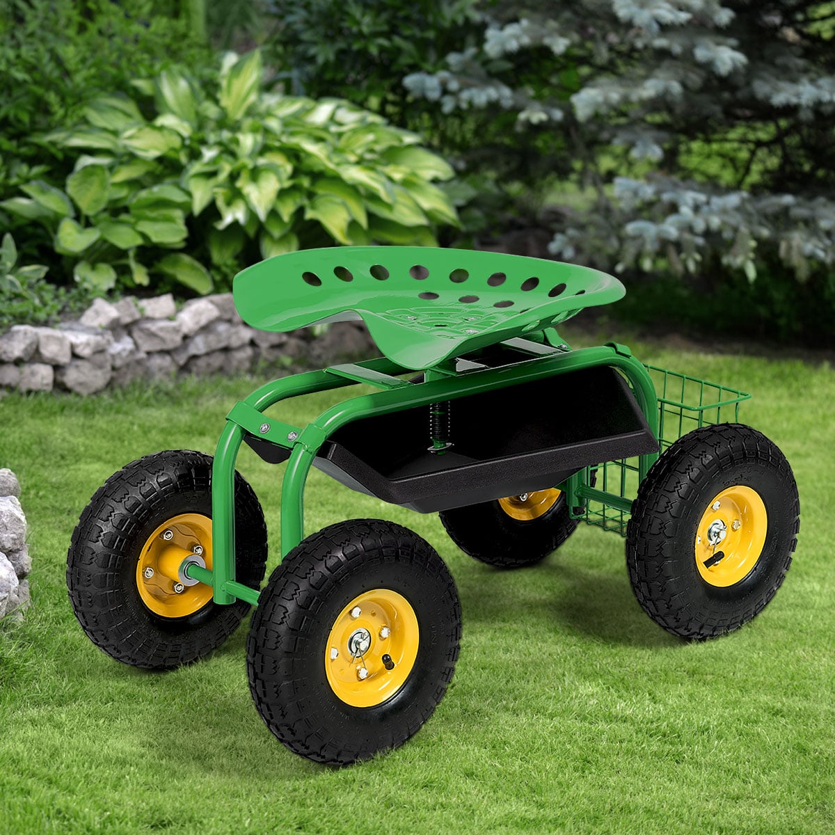 Red/Green Garden Cart Rolling Work Seat With Heavy Duty Tool Tray Gardening Planting-Green-Garden Carts-DECOROLALA