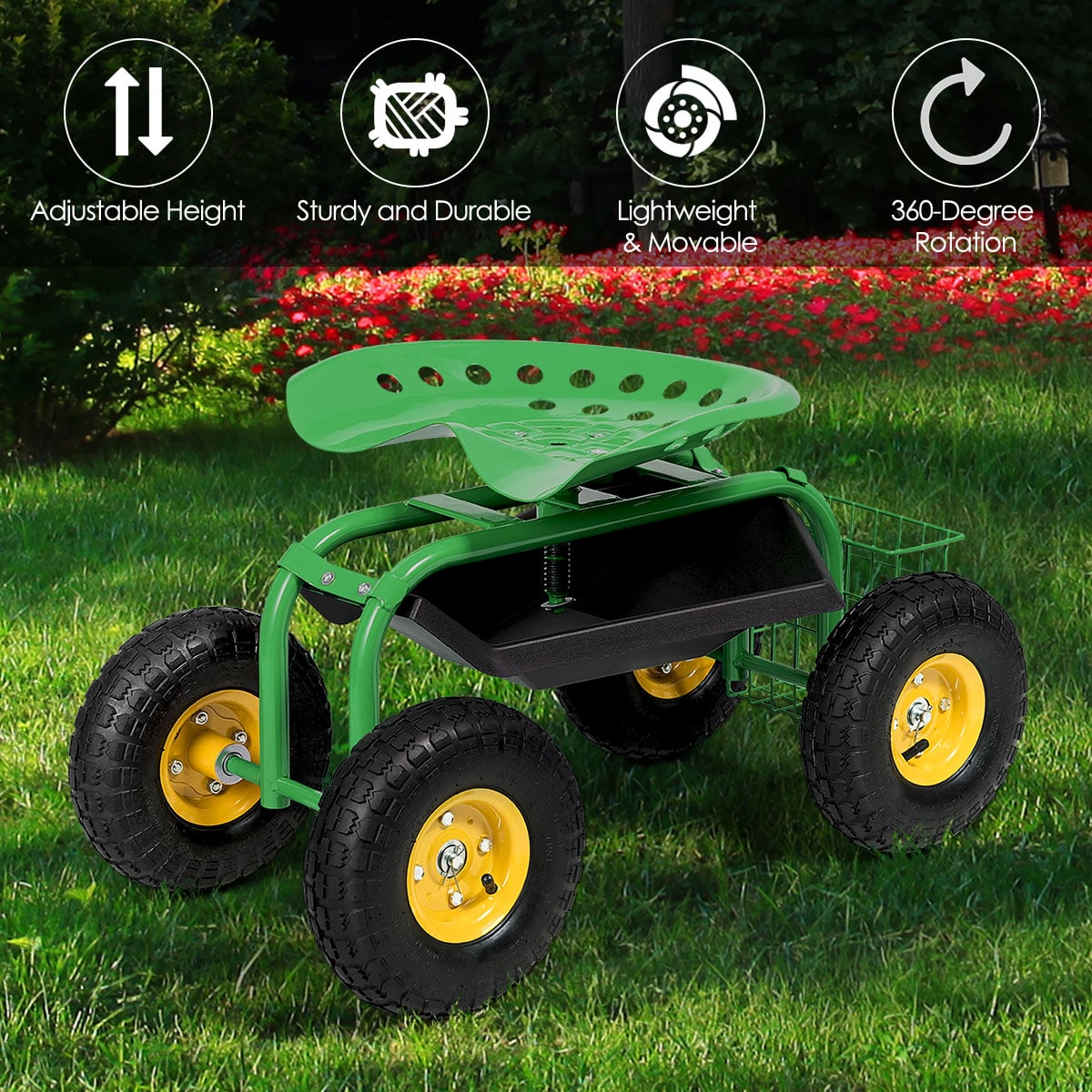 Red/Green Garden Cart Rolling Work Seat With Heavy Duty Tool Tray Gardening Planting-Green-Garden Carts-DECOROLALA