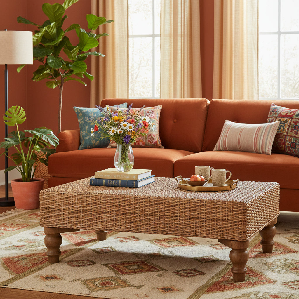 Regency Woven Coffee Table - Handcrafted Wood with Turned Legs-Coffee Table-DECOROLALA