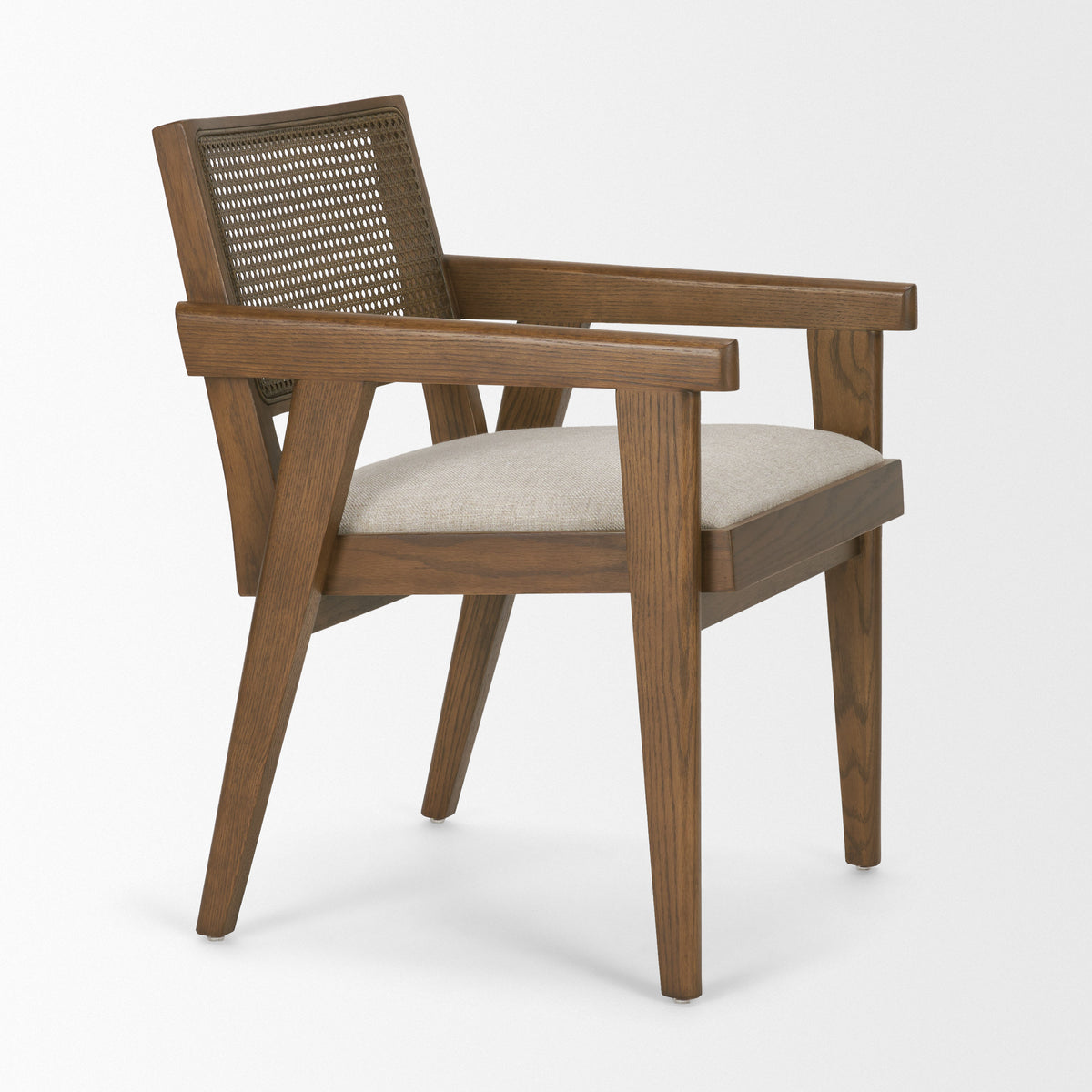 Reid Cane Back Dining Arm Chair | Cream Fabric w/ Wood-Dining Chairs-DECOROLALA