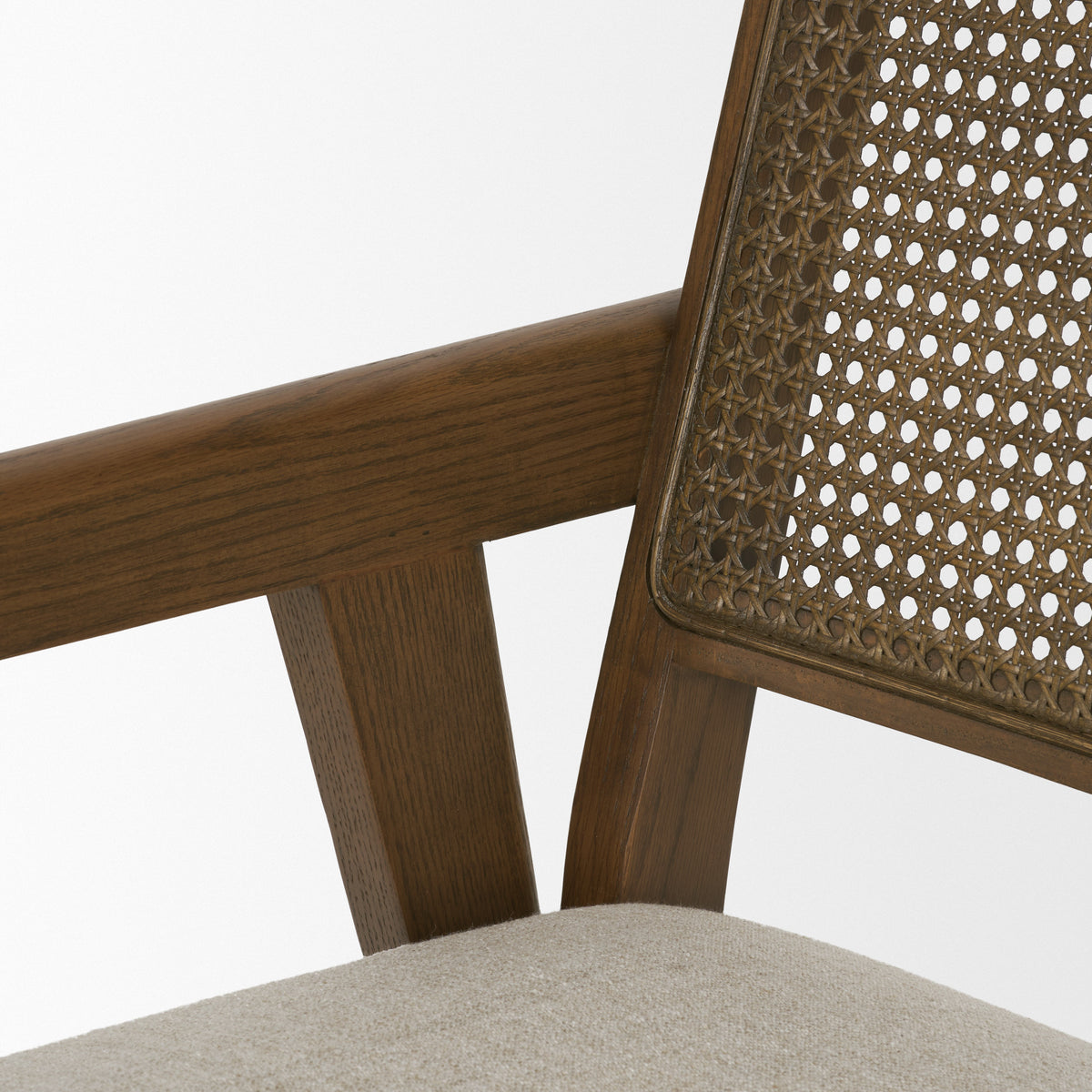 Reid Cane Back Dining Arm Chair | Cream Fabric w/ Wood-Dining Chairs-DECOROLALA