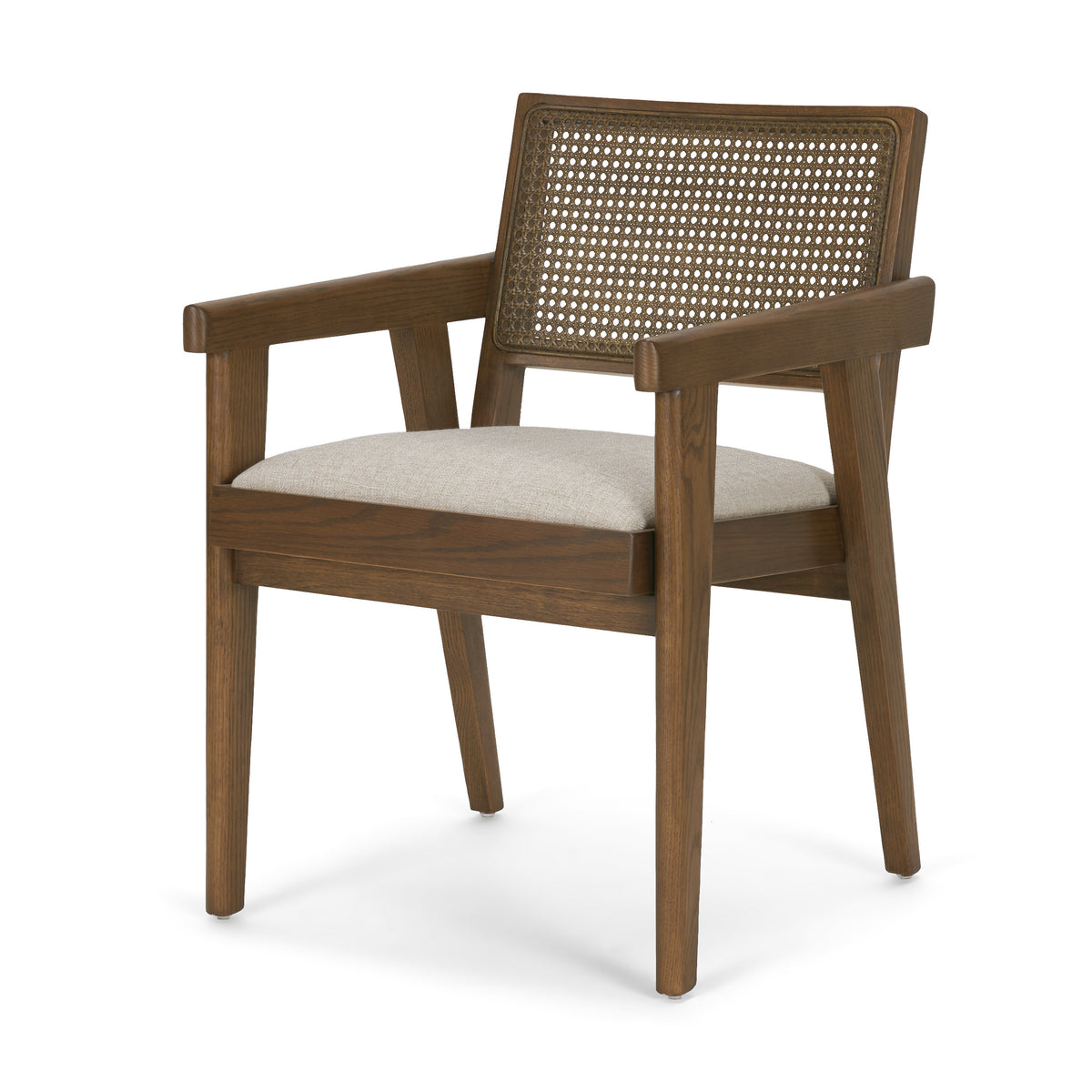 Reid Cane Back Dining Arm Chair | Cream Fabric w/ Wood-Dining Chairs-DECOROLALA