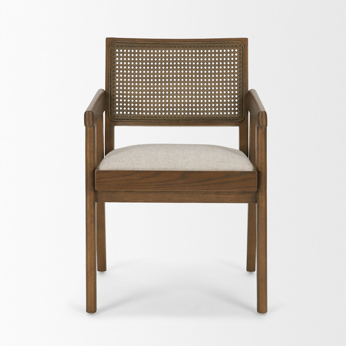 Reid Cane Back Dining Arm Chair | Cream Fabric w/ Wood-Dining Chairs-DECOROLALA