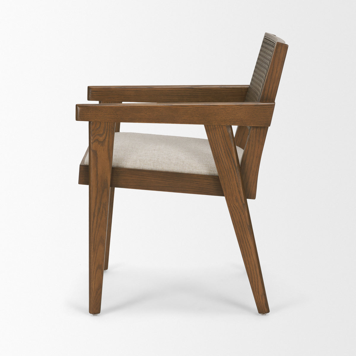 Reid Cane Back Dining Arm Chair | Cream Fabric w/ Wood-Dining Chairs-DECOROLALA
