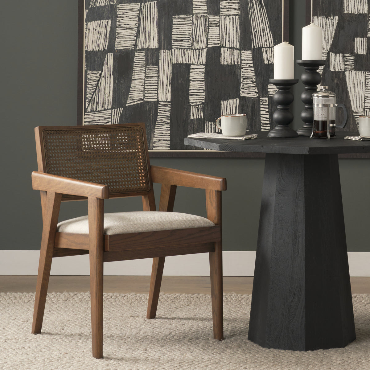 Reid Cane Back Dining Arm Chair | Cream Fabric w/ Wood-Dining Chairs-DECOROLALA