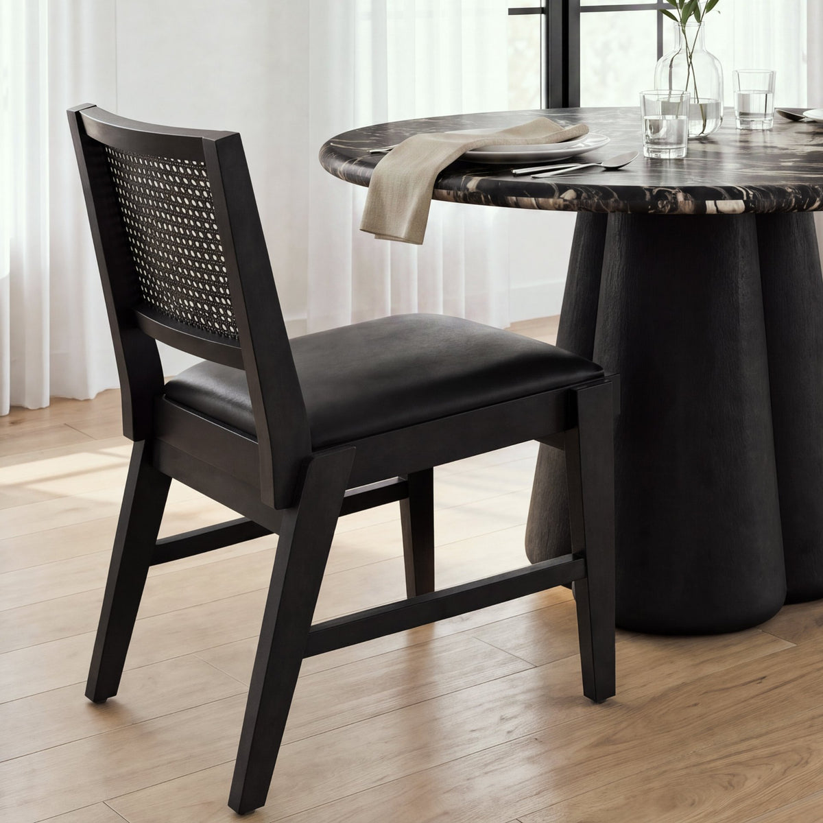Reid Cane Back Dining Side Chair | Leather w/ Tapered Wood-Dining Chairs-DECOROLALA