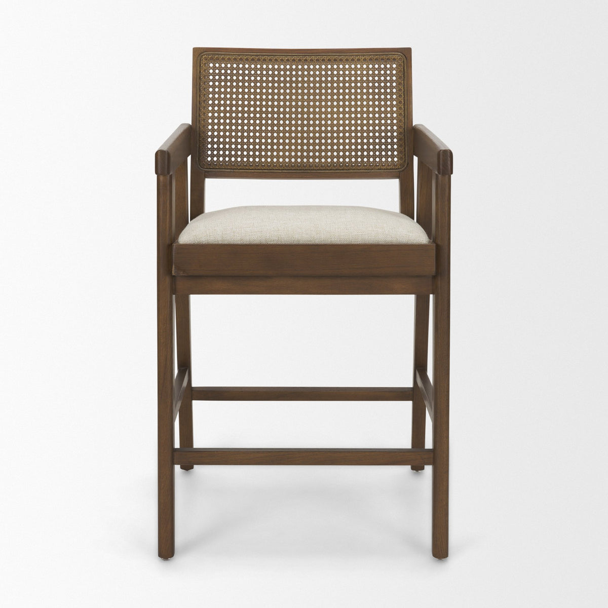 Reid Framed Brown Cane Cream Fabric Counter Stool-Bar Stools-DECOROLALA