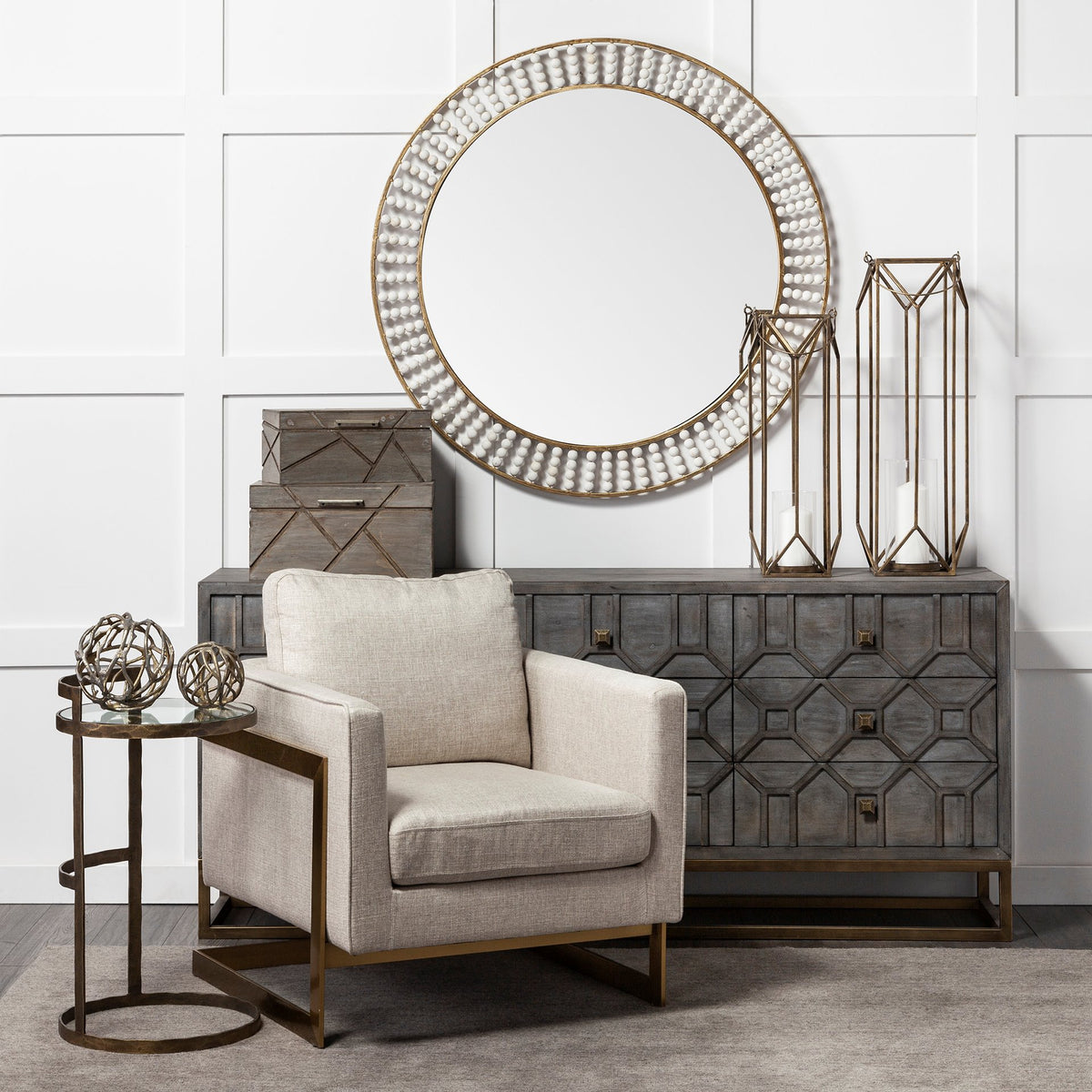 Reimer 15L x 15W Gold Round Glass Top W/Metal Frame Accent Table-Accent Tables-DECOROLALA
