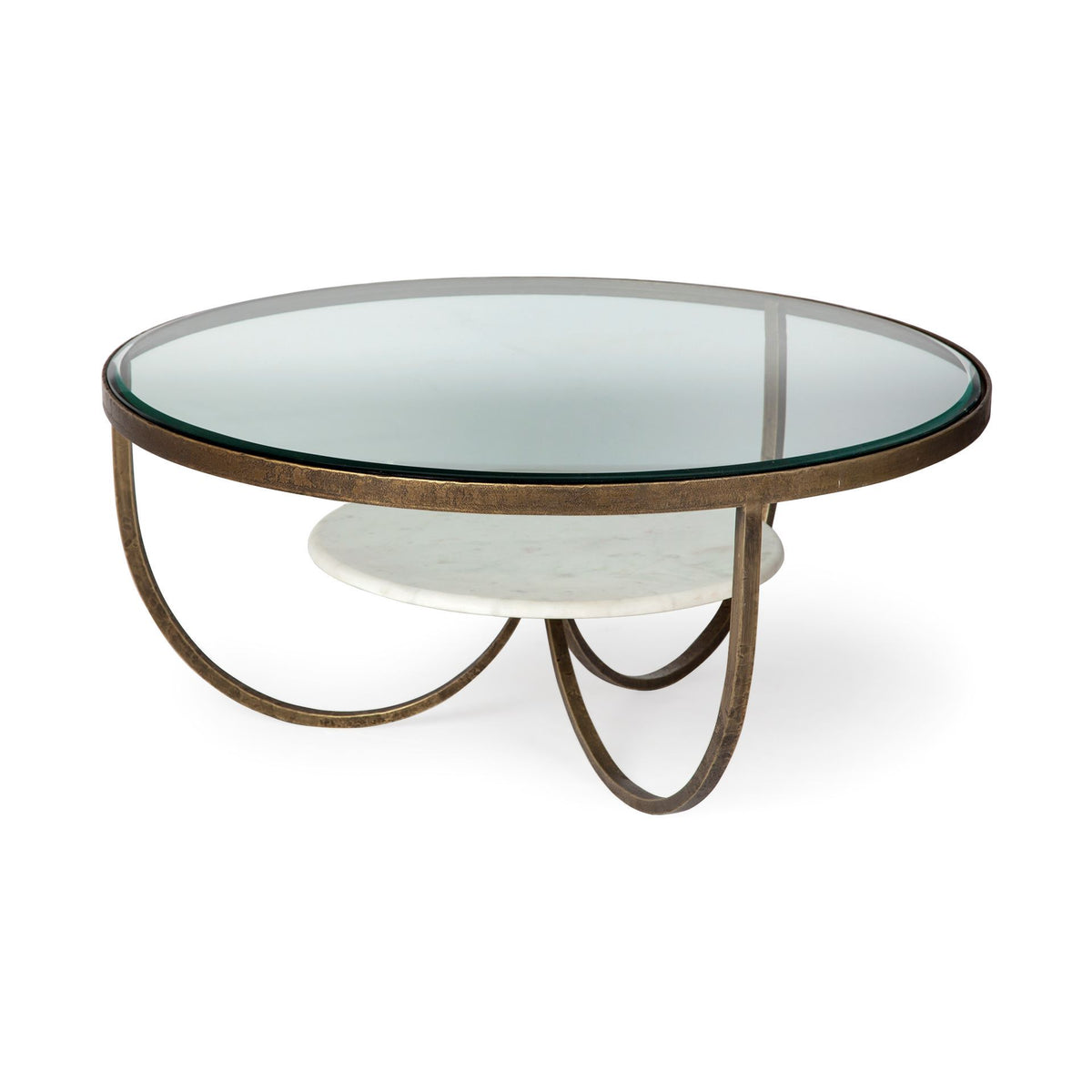 Reinhardt 36" Round Glass Top Marble Shelf Gold Metal Base Coffee Table-Coffee Tables-DECOROLALA