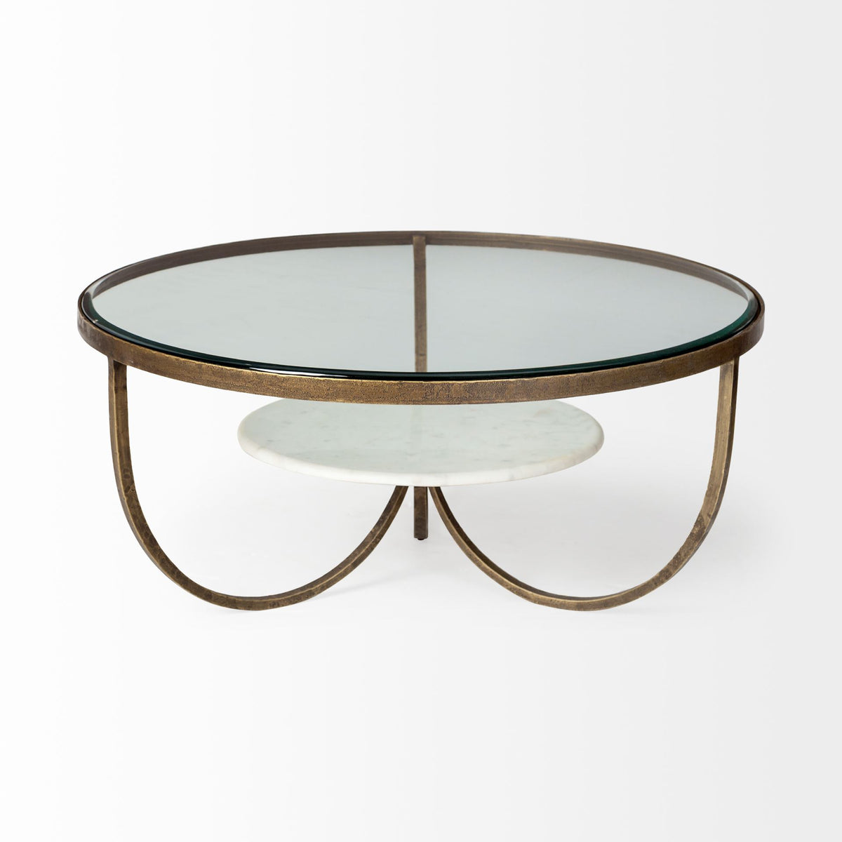 Reinhardt 36" Round Glass Top Marble Shelf Gold Metal Base Coffee Table-Coffee Tables-DECOROLALA