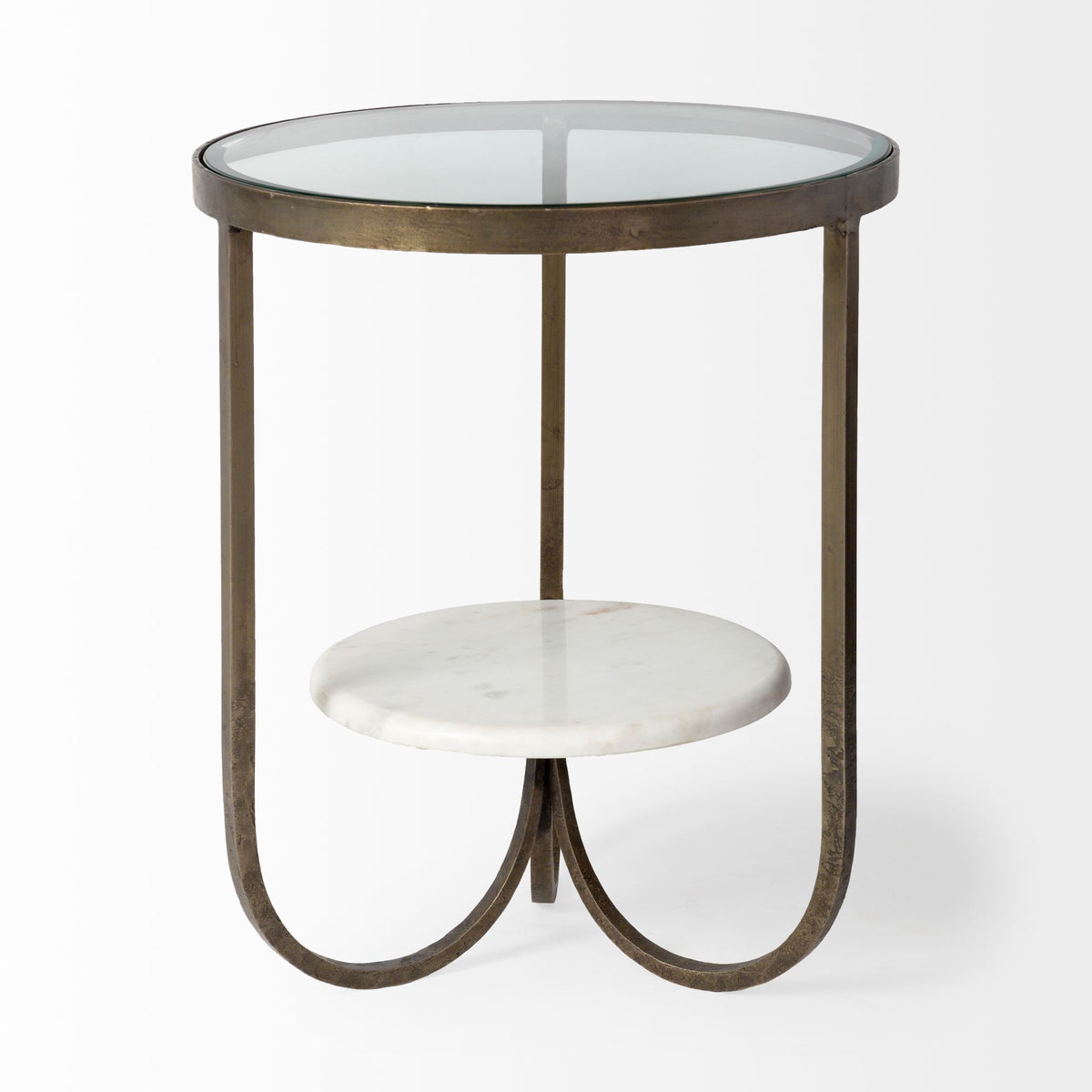 Reinhardt II 20" Round Glass Top Metal and Marble Detail End/Side Table-End and Side Tables-DECOROLALA