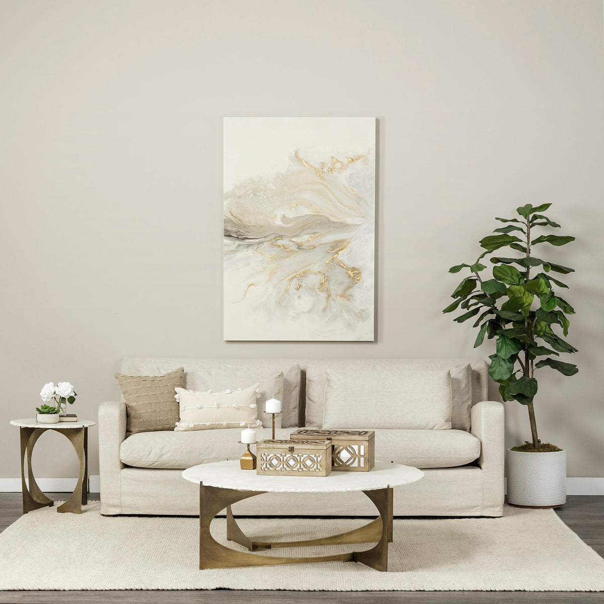 Reinhold 49" Round Marble Top Gold Metal Base Coffee Table-Coffee Tables-DECOROLALA
