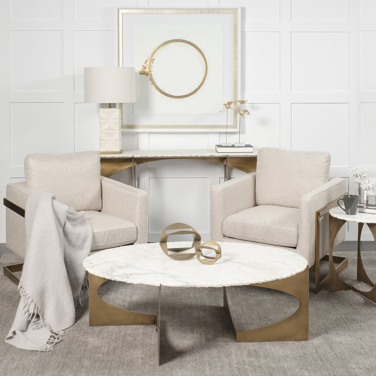 Reinhold IV 59L x 16W Marble Top Gold Metal Base Console Table-Console Tables-DECOROLALA